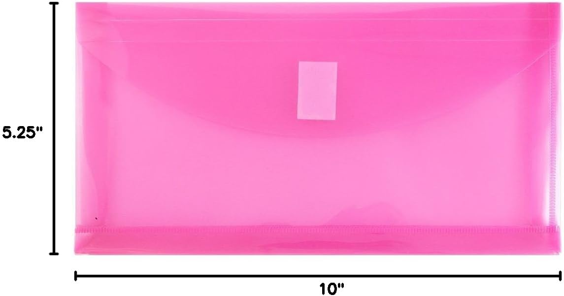 JAM PAPER Plastic Expansion Envelopes with Hook & Loop Closure - #10 Booklet Wallet - 5 1/4 x 10 with 1 Inch Expansion - Fuchsia Pink - 12/Pack