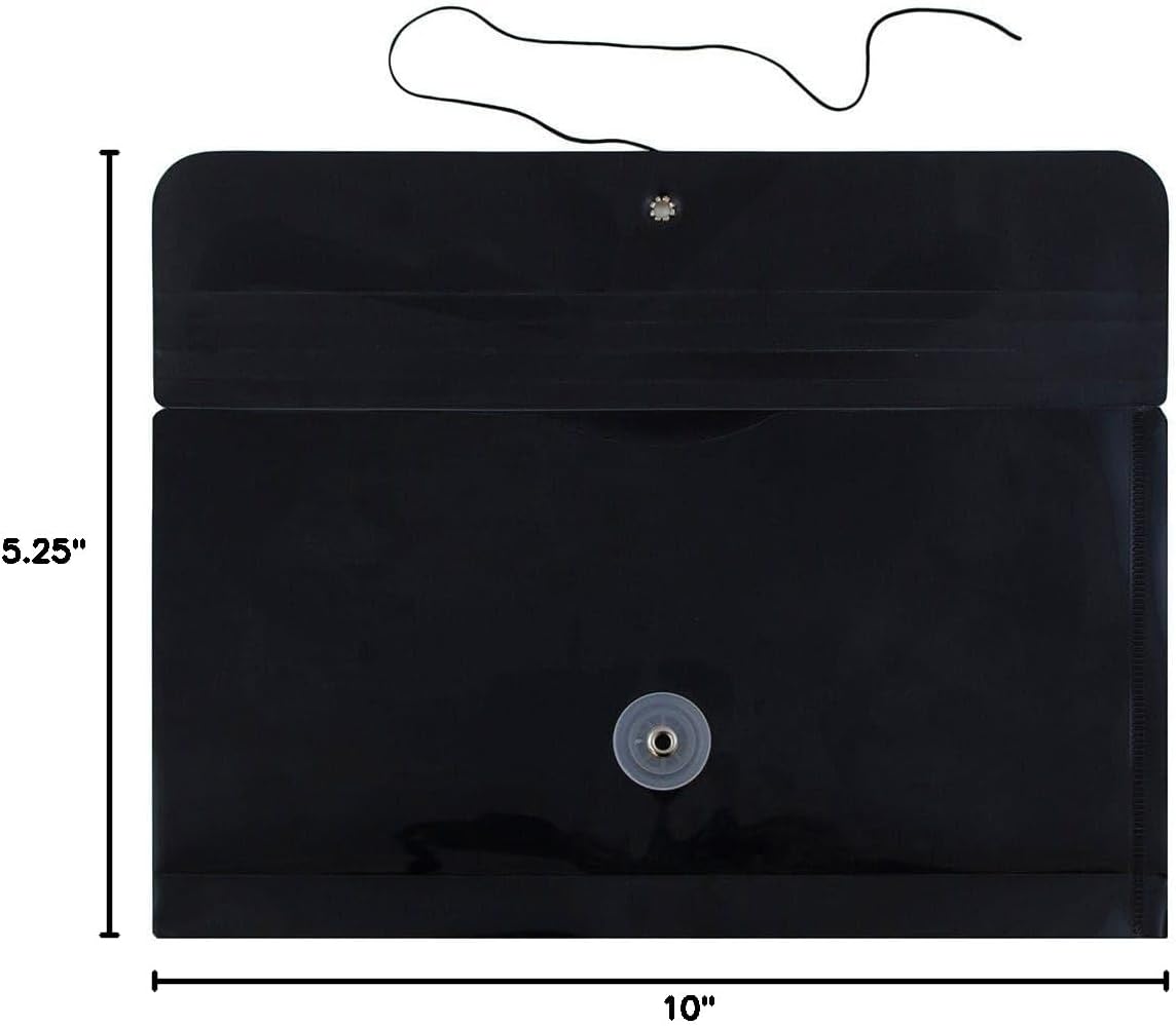 JAM PAPER Plastic Envelopes with Button & String Tie Closure - #10 Business Booklet - 5 1/4 x 10 - Black - 3/pack
