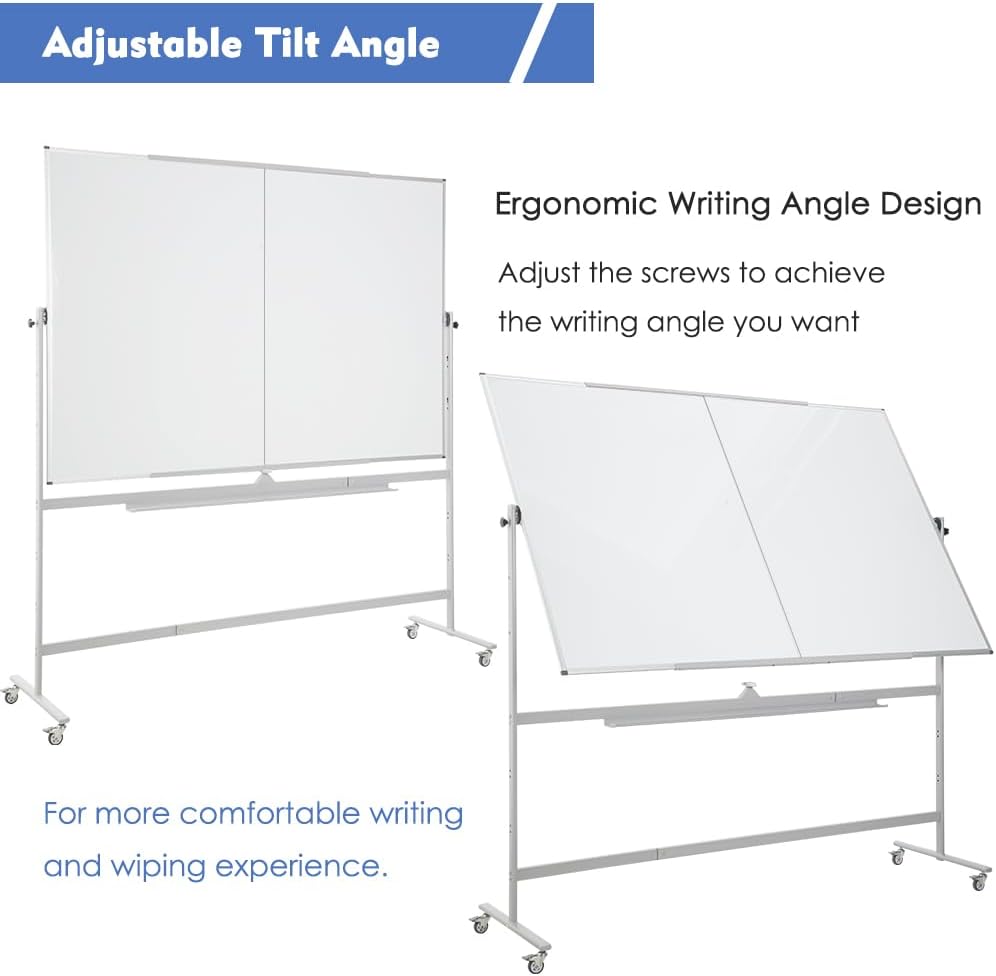 FORTUNO Large Magnetic Mobile Whiteboard 72"x48", Rolling Double Sided Stand Whiteboard on Wheels, Reversible Adjustable Height/Angle Dry Erase Board 6' x 4' Easel White Board for Office Classroom