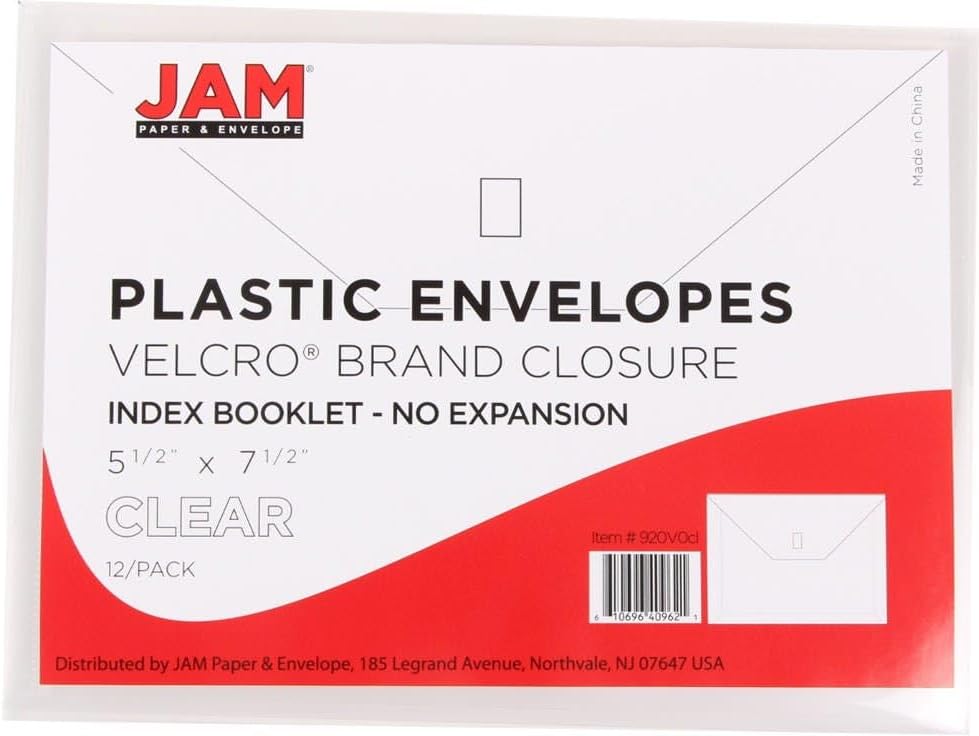 JAM PAPER Plastic Envelopes with Hook & Loop Closure - Index - 5 1/2 x 7 1/2 - Clear - 3/Pack