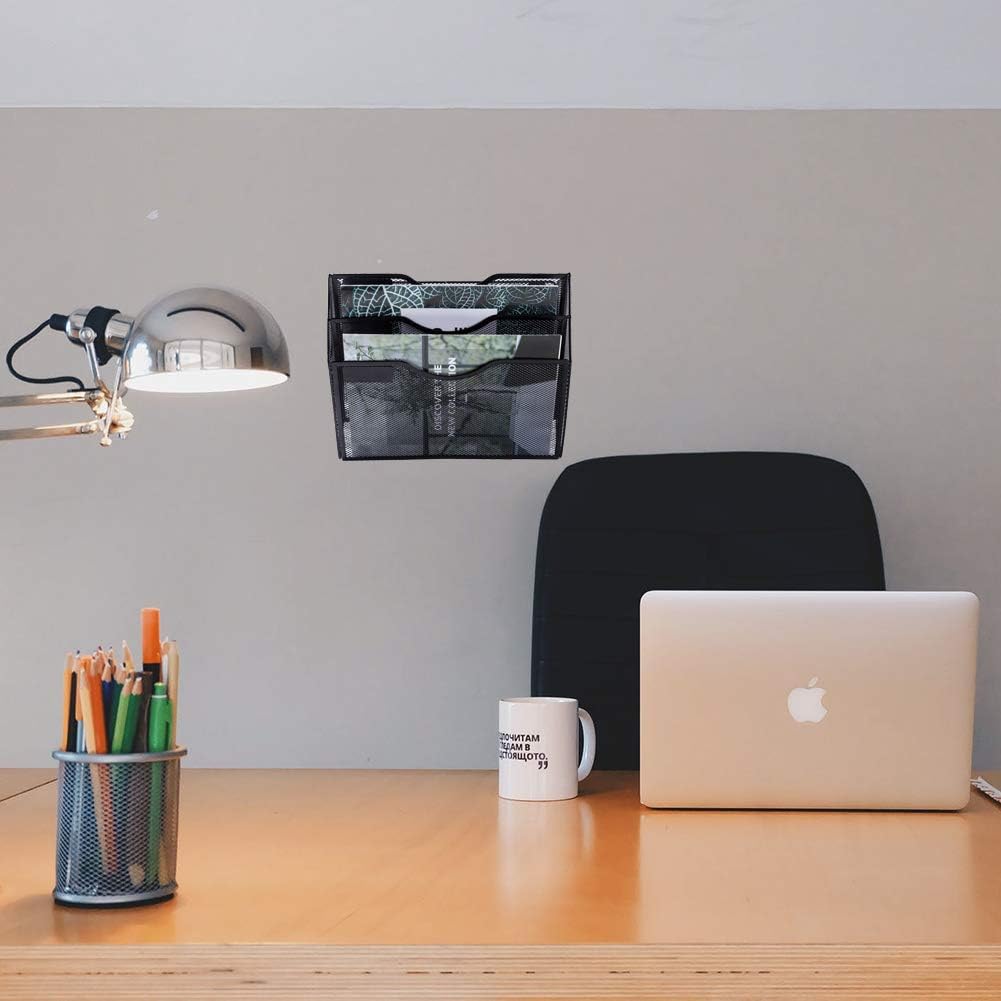 EASEPRES 3 Pocket Mesh Hanging Wall File Organizer, Wall Mounted Mail Paper Document Folder Holder, Clipboard Storage Organization Magazine Rack with Nametag Label for Office Home School, Black