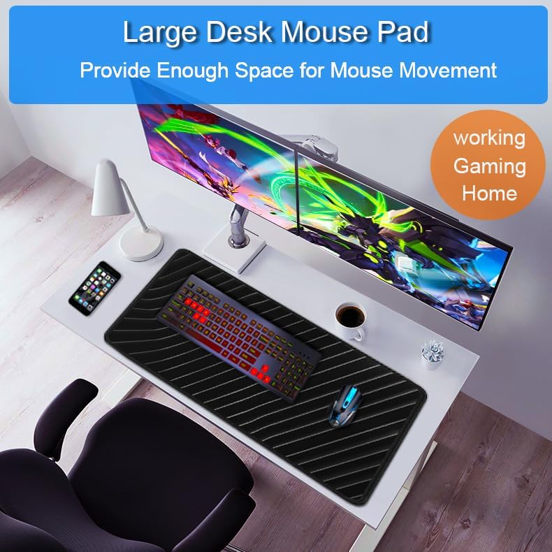 Large Mouse Pad, 31.5x15.7 inch Large Extended Computer Keyboard Mouse Mat, Water Resist Non-Slip Mousepad Rubber Base Long XXL Desk Mouse Pad for Work & Gaming, Office & Home, Grey Lines