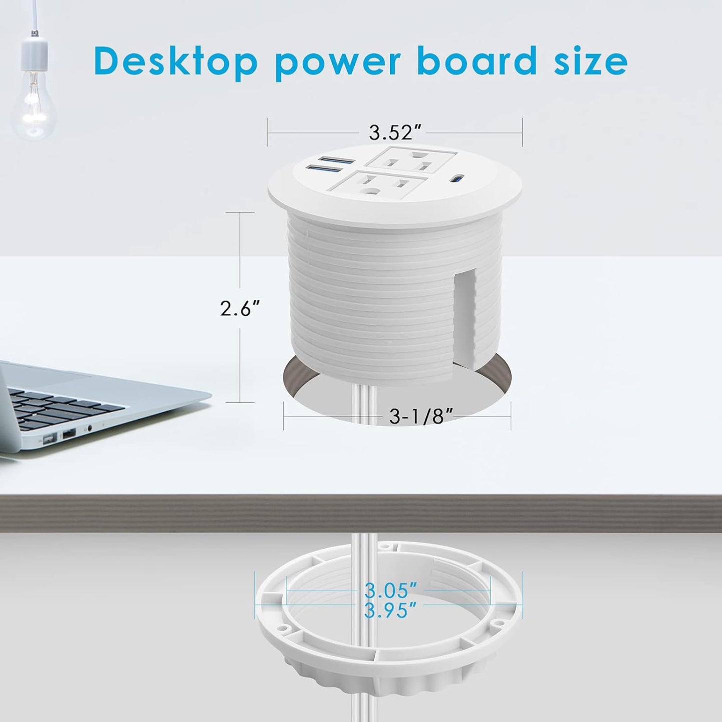 Jgstkcity 2-in-1 Desktop Power Grommet with USB-C Output, 125V, 12A, 2 AC Outlets, 3 USB Charging Ports, White