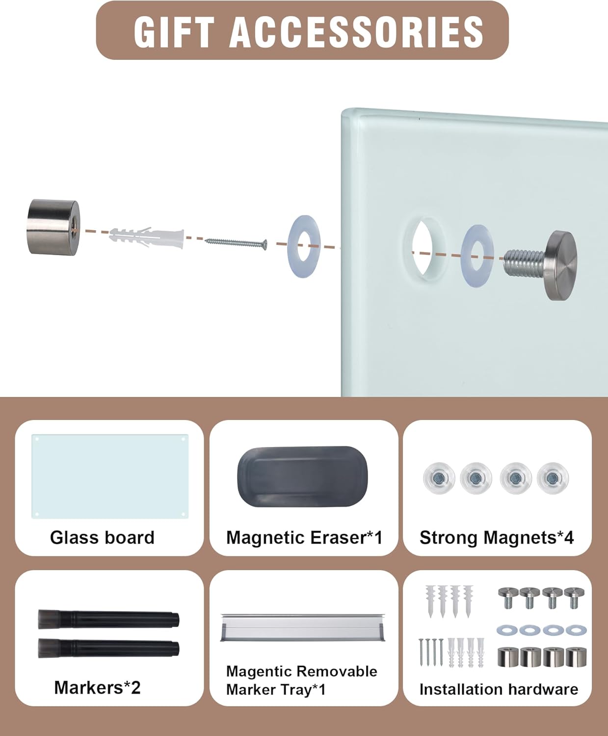 Magnetic Glass Whiteboard,24"x18" Wall Mounted Frameless Dry Erase Board for Office, Home & School White