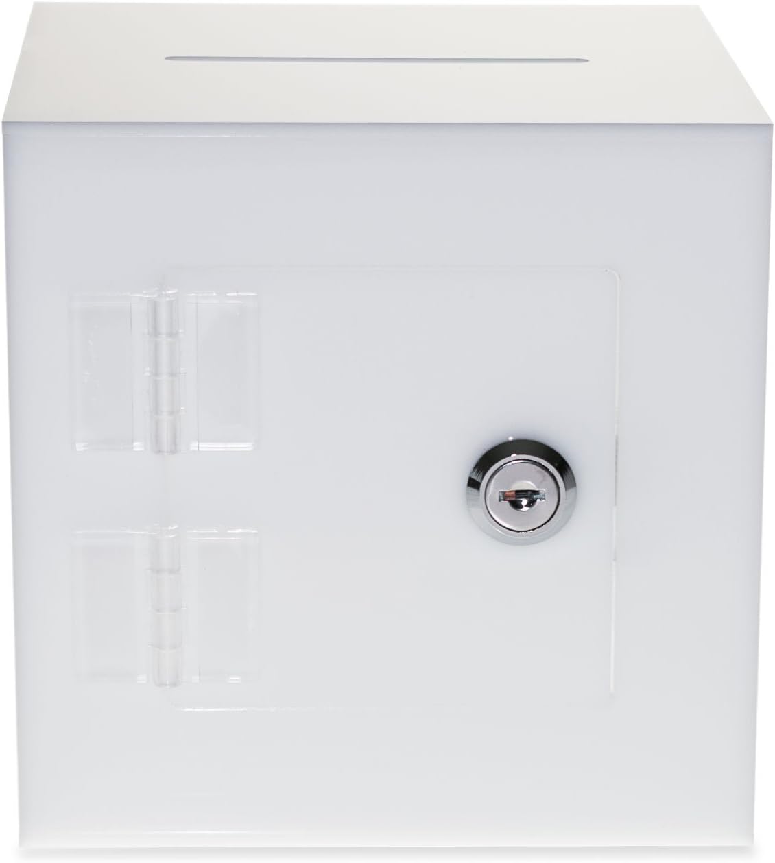 Source One Premium Acrylic Cube Donation Box with Deluxe Rear Open Door and Cam Lock Suggestion Box (8 Inch, White)