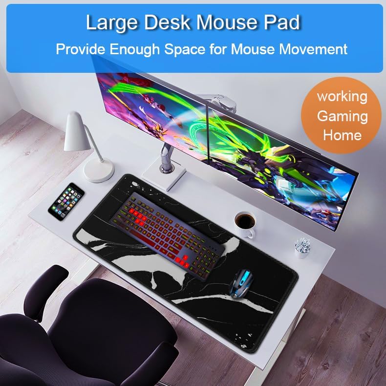 Large Mouse Pad, 31.5x15.7 inch Large Extended Computer Keyboard Mouse Mat, Water Resist Non-Slip Mousepad Rubber Base Long XXL Desk Mouse Pad for Work & Gaming, Office & Home, Black White