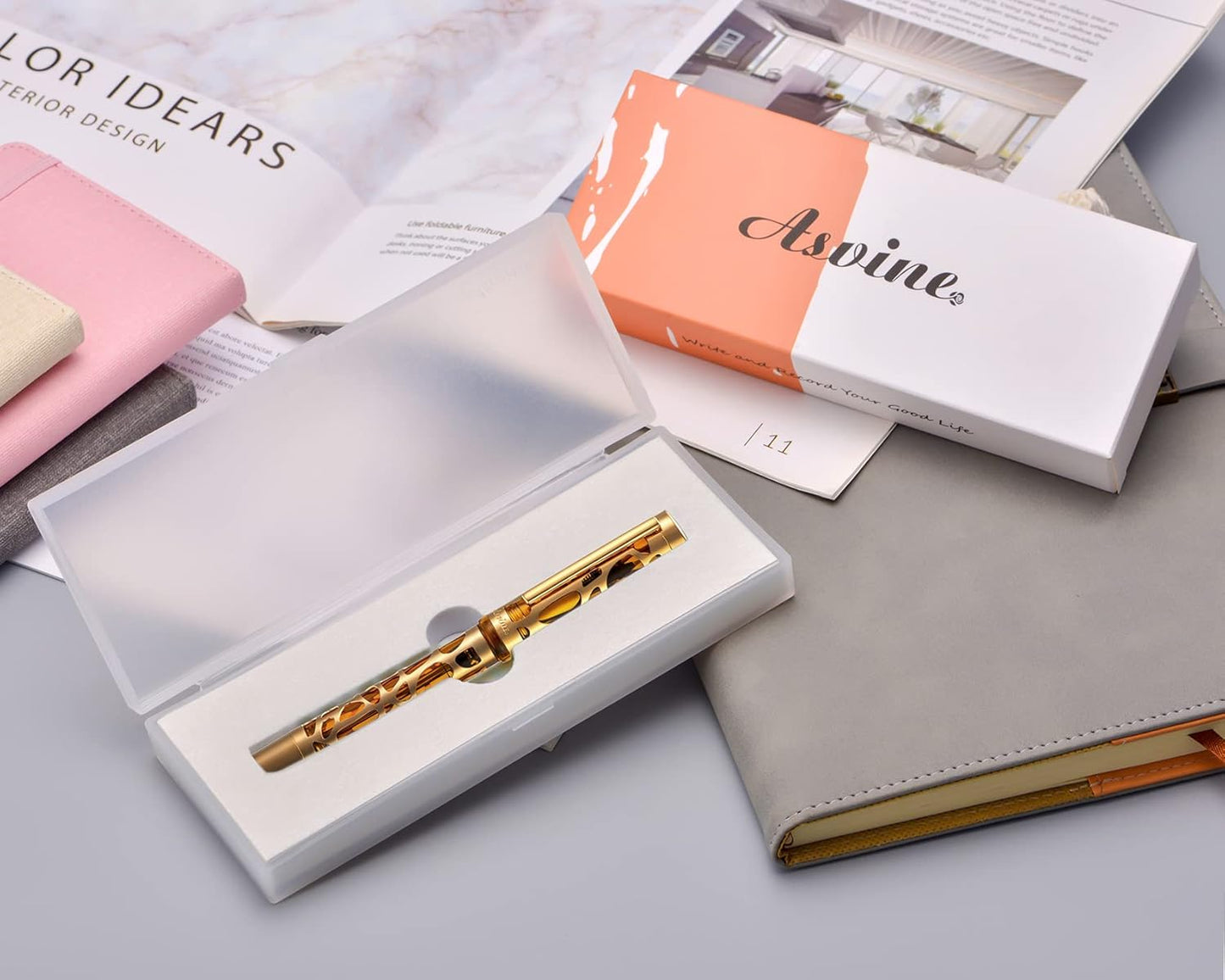 Asvine V169 Vacuum Filling Fountain Pen Iridium Fine Nib, Water Drop Skeleton Gold Trim Transparent Coffee Acrylic Pen Case Set