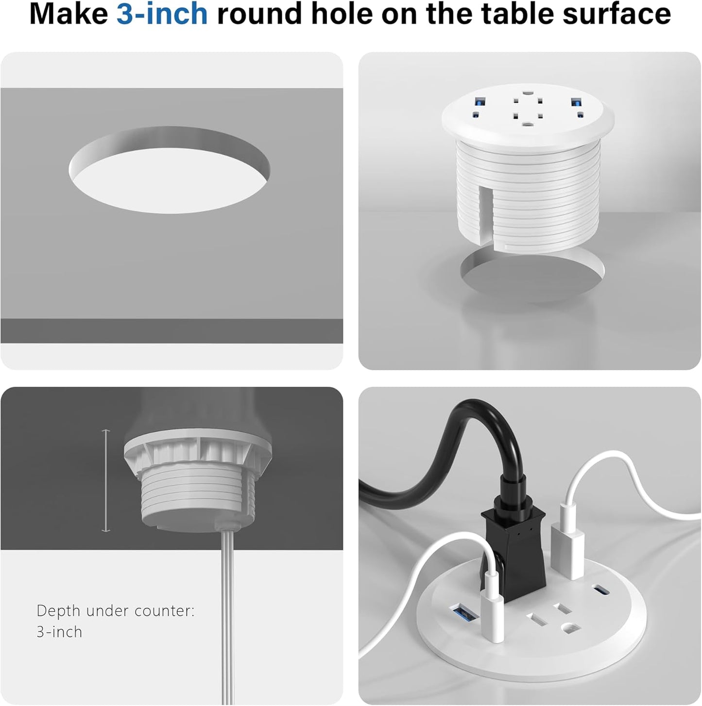 3 inch Desktop Power Grommet with PD 20W USB C,Furniture Recessed Power Strip,2 Outlets,4 USB Ports,40W Total,Flush-Mount for Desktop, Workspace Essential Desk Outlet (White, 6 FT Cable)