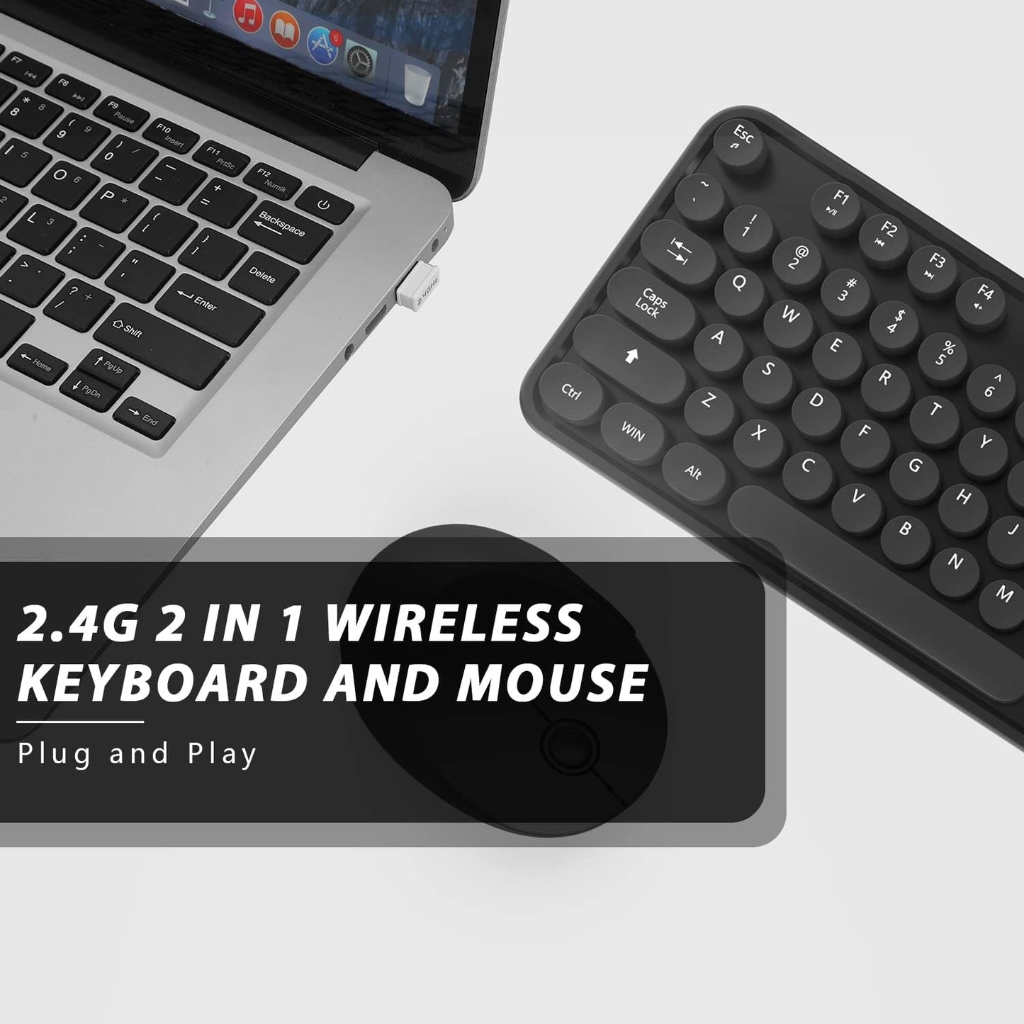 Wireless Keyboard and Mouse Combo, Cute Full Size 104-Key Typewriter Retro Round Keycaps Keyboard for PC Laptop,Windows,Desktop,Perfer for Home and Office Keyboards (Black)