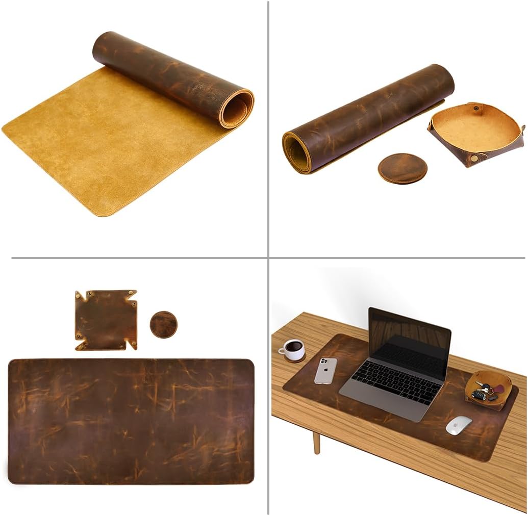 ELIZO Leather Desk Pad Real Leather Desk Mat Thick (3mm) Double Layer (31x15.6) Cover Blotter Desk Protector Large Computer Mat for Keyboard Mouse Pad Table Laptop Mat Office Desktop Accessories