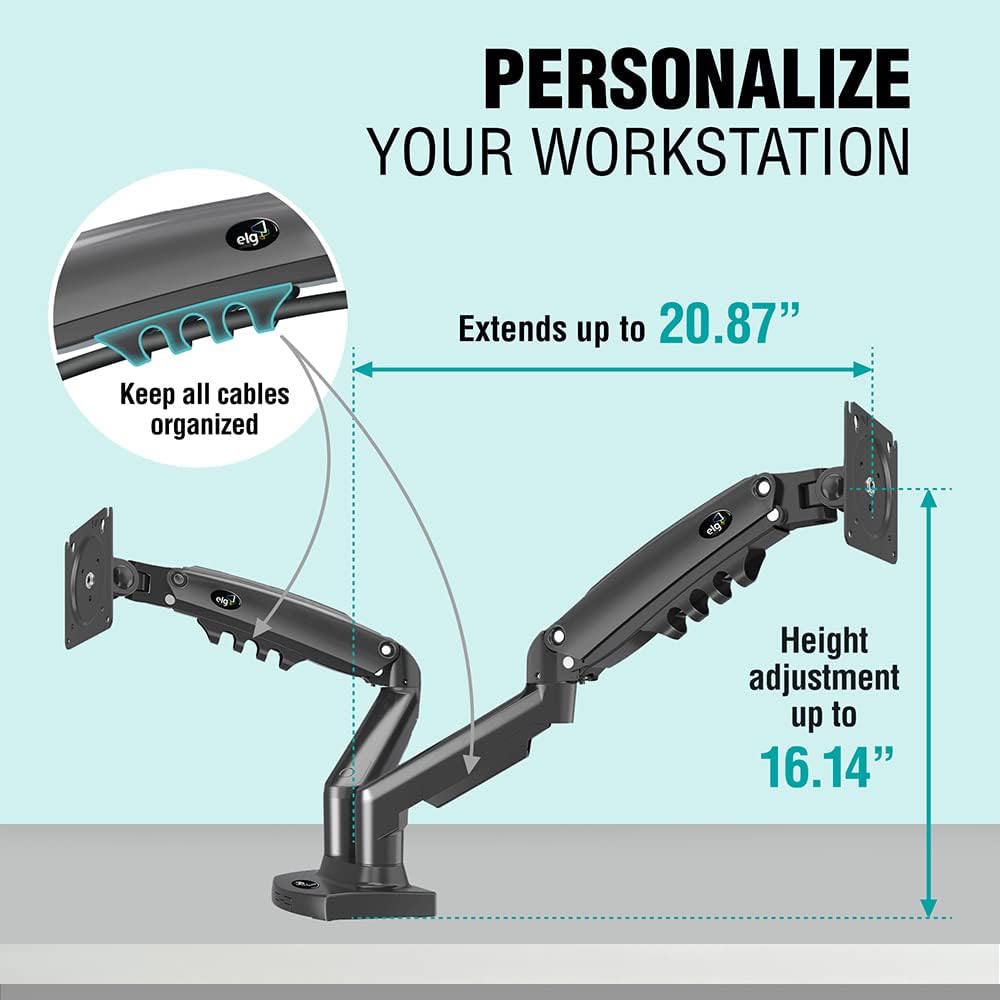 ELG Full Motion Swivel Dual Monitor Desk Mount Stand Gas Spring for Two Screens 17” to 35'' (4.4lbs to 19.8lbs Load for Each Display), Computer Monitor Stand F160N, Black