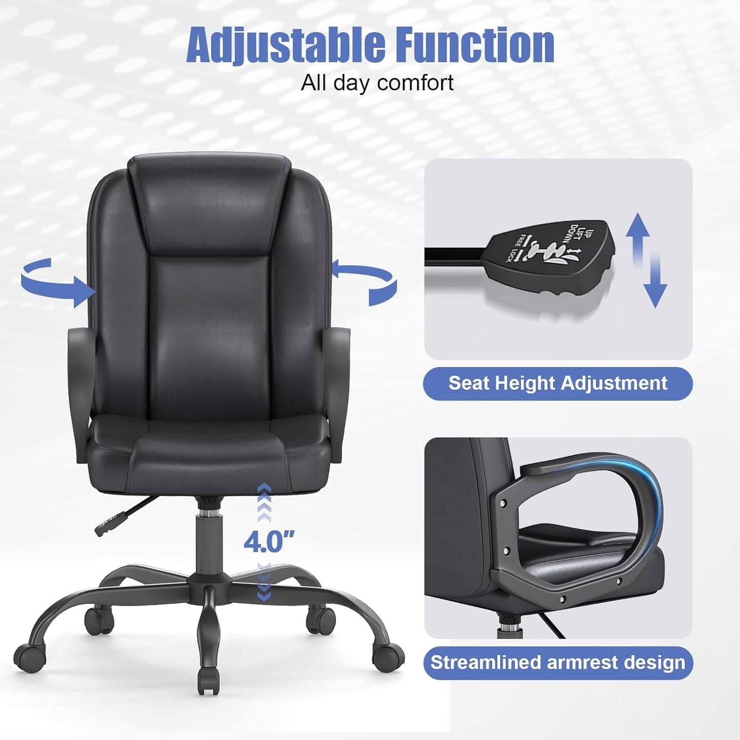 ZZH Executive Office Chair, Leather Desk Computer Chair with Armrests, Mid-Back Swivel Adjustable for Home Office, 10PC, Black