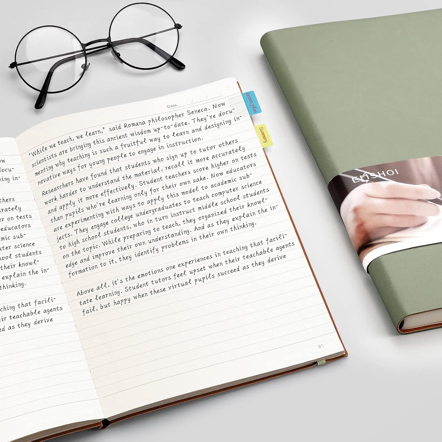 EMSHOI College Ruled Composition Notebook - Large B5 Notebook Lined Journal Leather with Free Sticky Notes, 204 Numbered Pages,100gsm Thick Lined Paper, Softcover, 7.5"x10"-Green