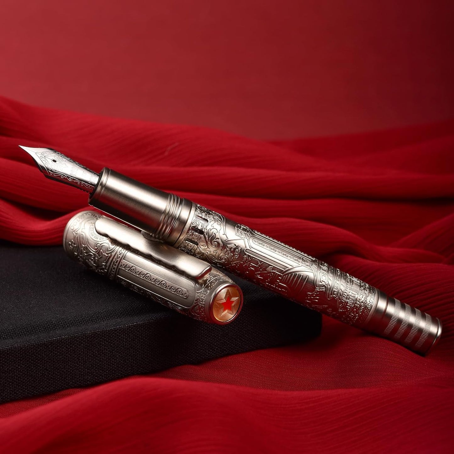 Hongdian 100 Silver Steel Piston Fountain Pen, Iridium Fine Nib Calligraphy, Smooth Writing Pens, Nice Writing Pen for Men & Women