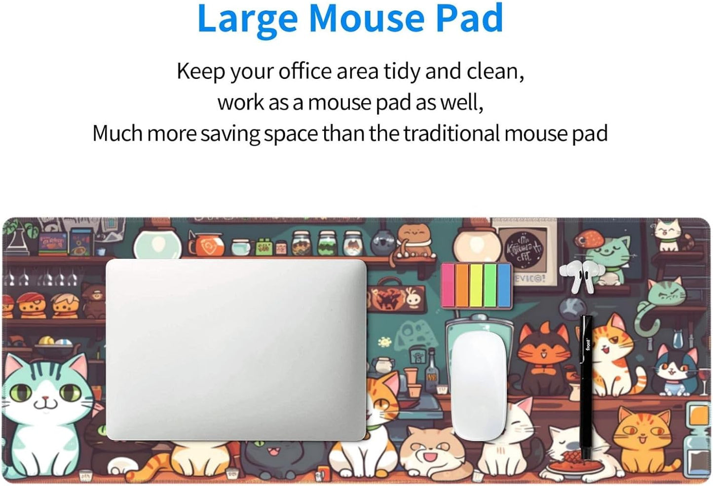 Gaming Mouse Pad Desk Pad,Extended Big Mouse Pad,31.5x11.8 Inch Long Computer Keyboard Mouse Mat Mousepad with 3mm Non-Slip Base and Stitched Edge for Gaming and Office⦠(cat)