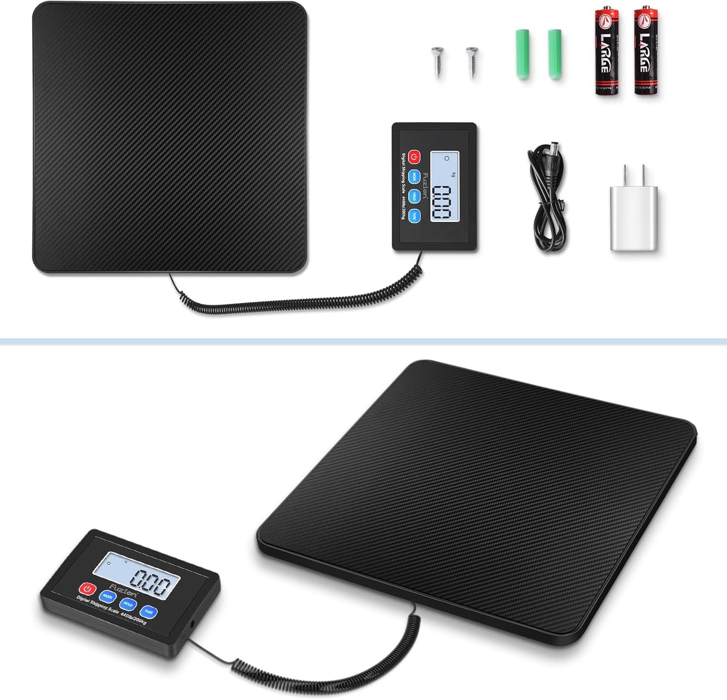 Fuzion Shipping Scale, 440LB x 10g High Accuracy Postal Scale, Hold/Tare Function, Digital Shipping Postal Scale for Packages, Postage, Luggage, Mailing, Battery & AC Adapter Included