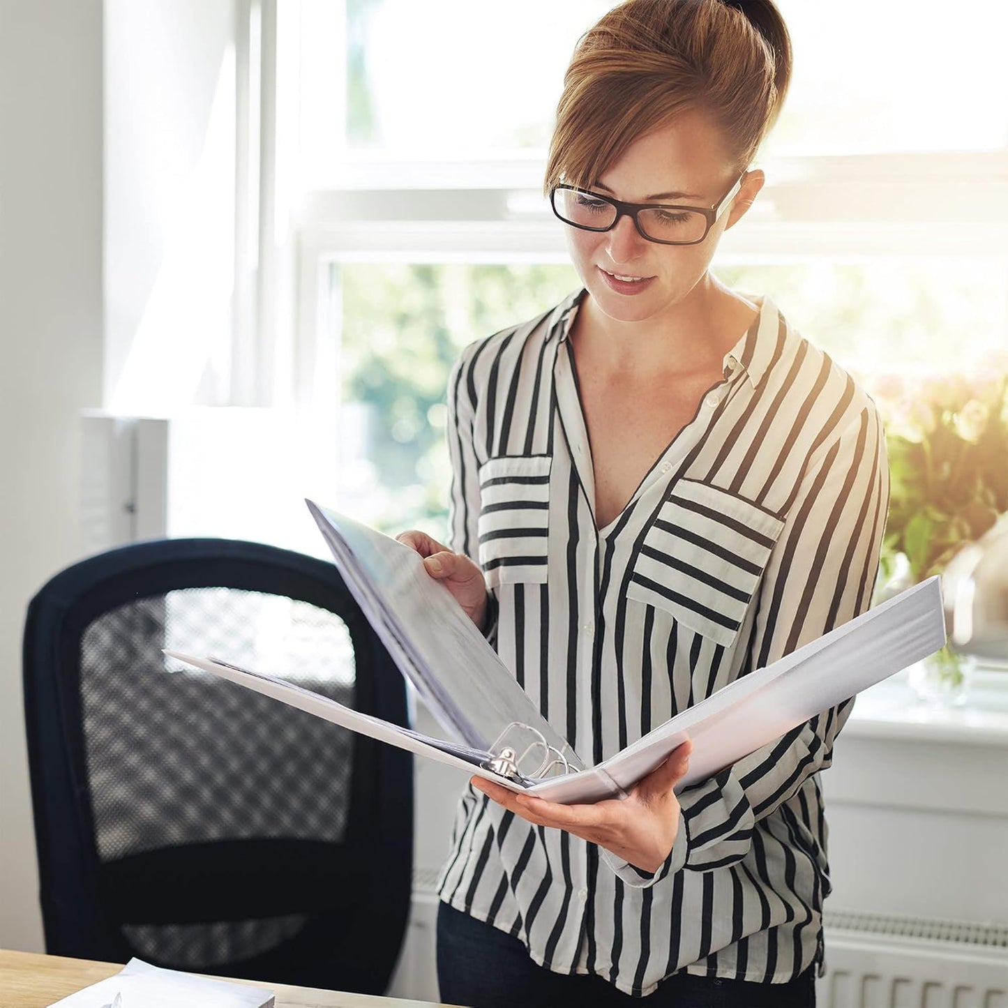 Amazon Basics 3 Ring Binder with Durable 1 Inch D-Ring and Clear Overlay for Storage and Organization, Pack of 4, White
