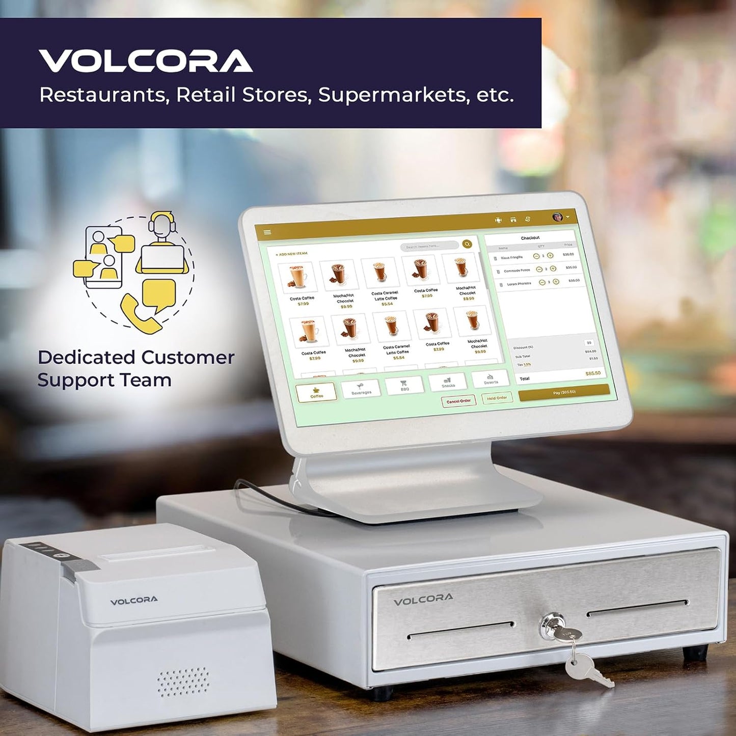 Volcora 13" Cash Register Drawer for Point of Sale System with 4 Bill 5 Coin Cash Tray, White & Stainless Steel Front Cash Drawers, Removable Coin Compartment, 24V, RJ11/RJ12 Key-Lock, Media Slot