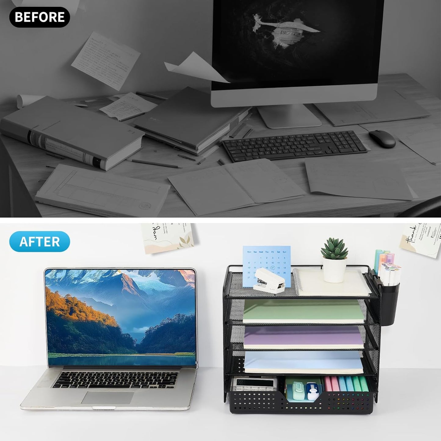 5-Tier Paper Organizer Letter Tray with Drawer & 2 Pen Holders, Desk Organizer and Accessories for Desktop File Workspace Organization, Office Desk Accessories Office Supplies Storage (Black)