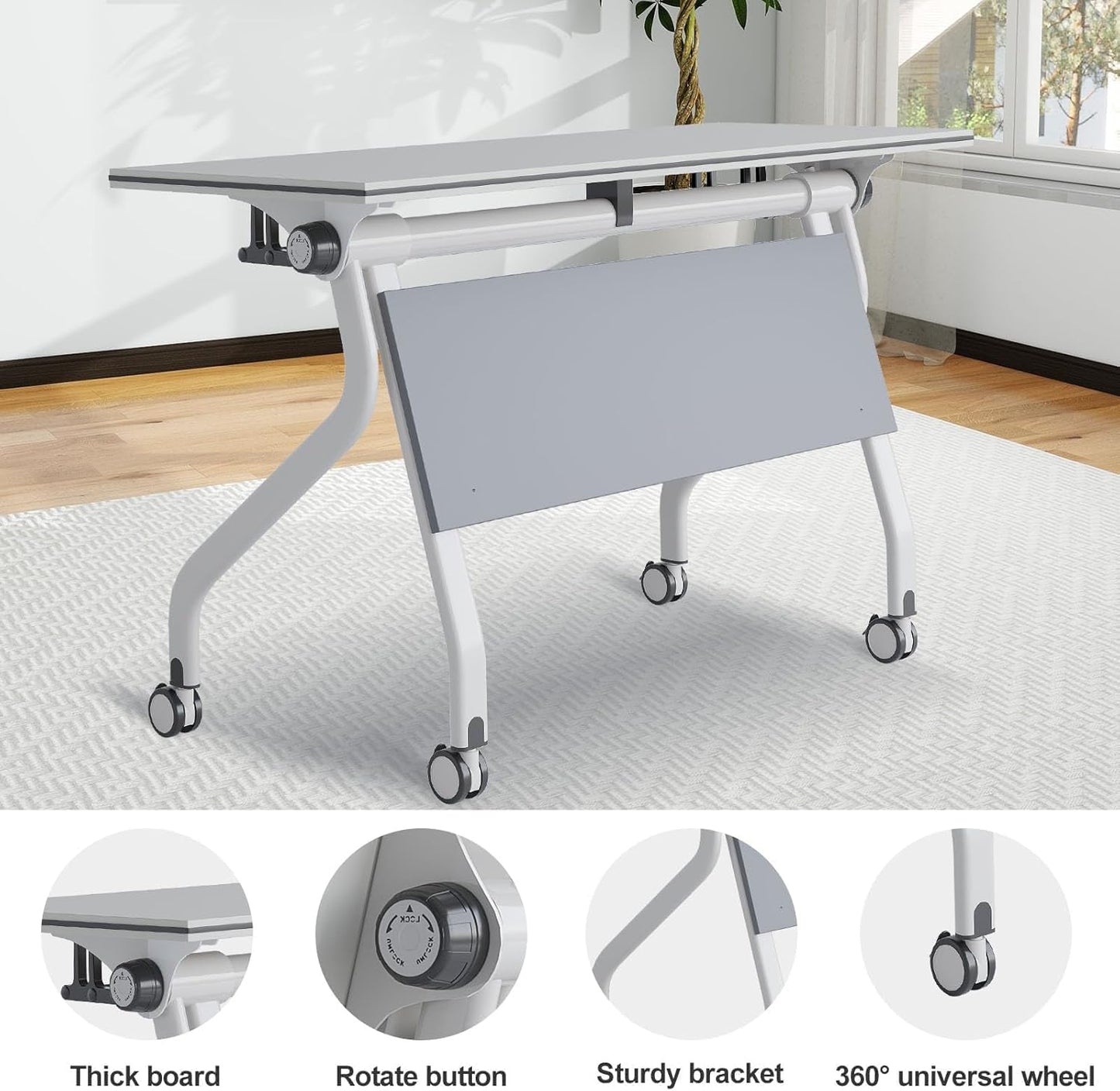Conference Table, Folding Conference Desk Modern White, Seminar Table with Wheels, 2-10 People for Office, Meeting Break Room(6, 1606YH, 55IN)