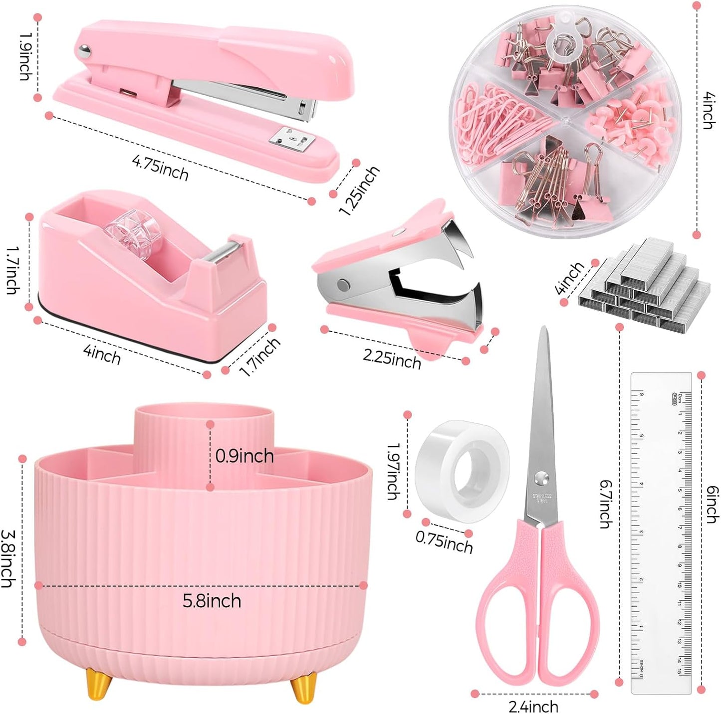 SKYDUE Pink Desk Accessories 10Pcs, Rotating Pen Holder for Desk, Stapler, Staple Remover, Tape Dispenser,2pcs Tape Refills, Binder Paper Clips Kit, Scissor,Pink Office School Supplies