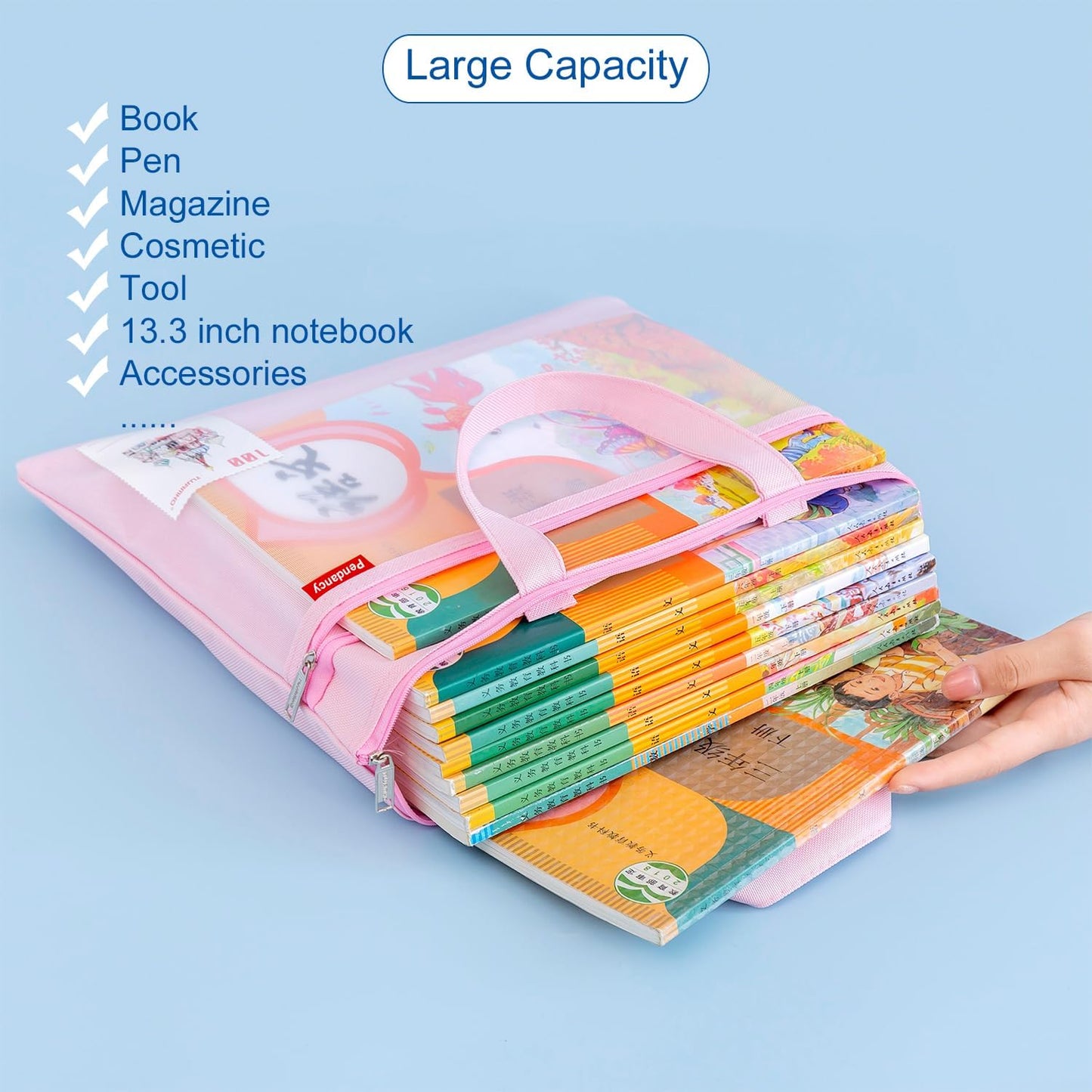 Pendancy Mesh Zipper Pouch 11x13.7 in, 2 pcs Large Double Pocket Waterproof File Bag with Handle, A4 Size Foldable Document Storage for Puzzle Project/Cross Stitch/Travel/Office(Blue Pink)