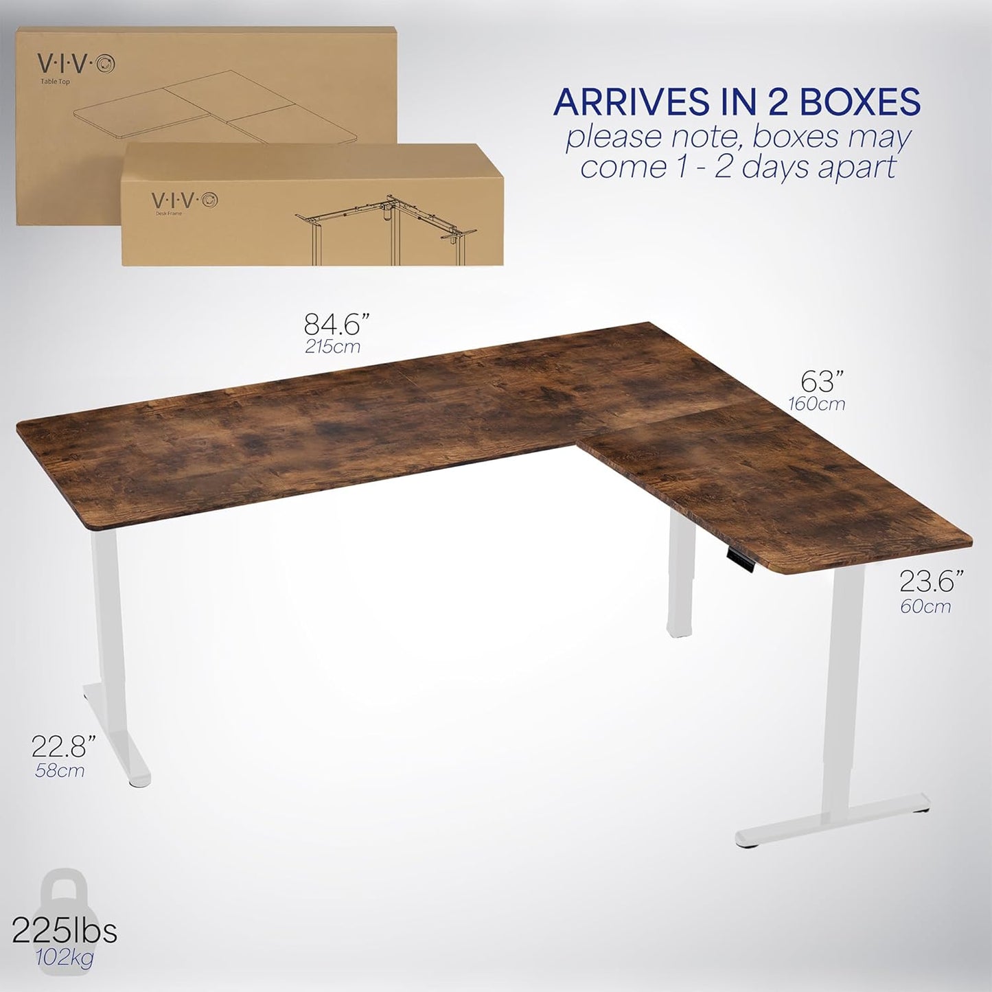 VIVO Electric Corner L-Shaped 84 x 63 in Rustic Standing Desk, Memory Height Adjustment, Vintage Brown Top White Frame, DESK-E3CTWN-84