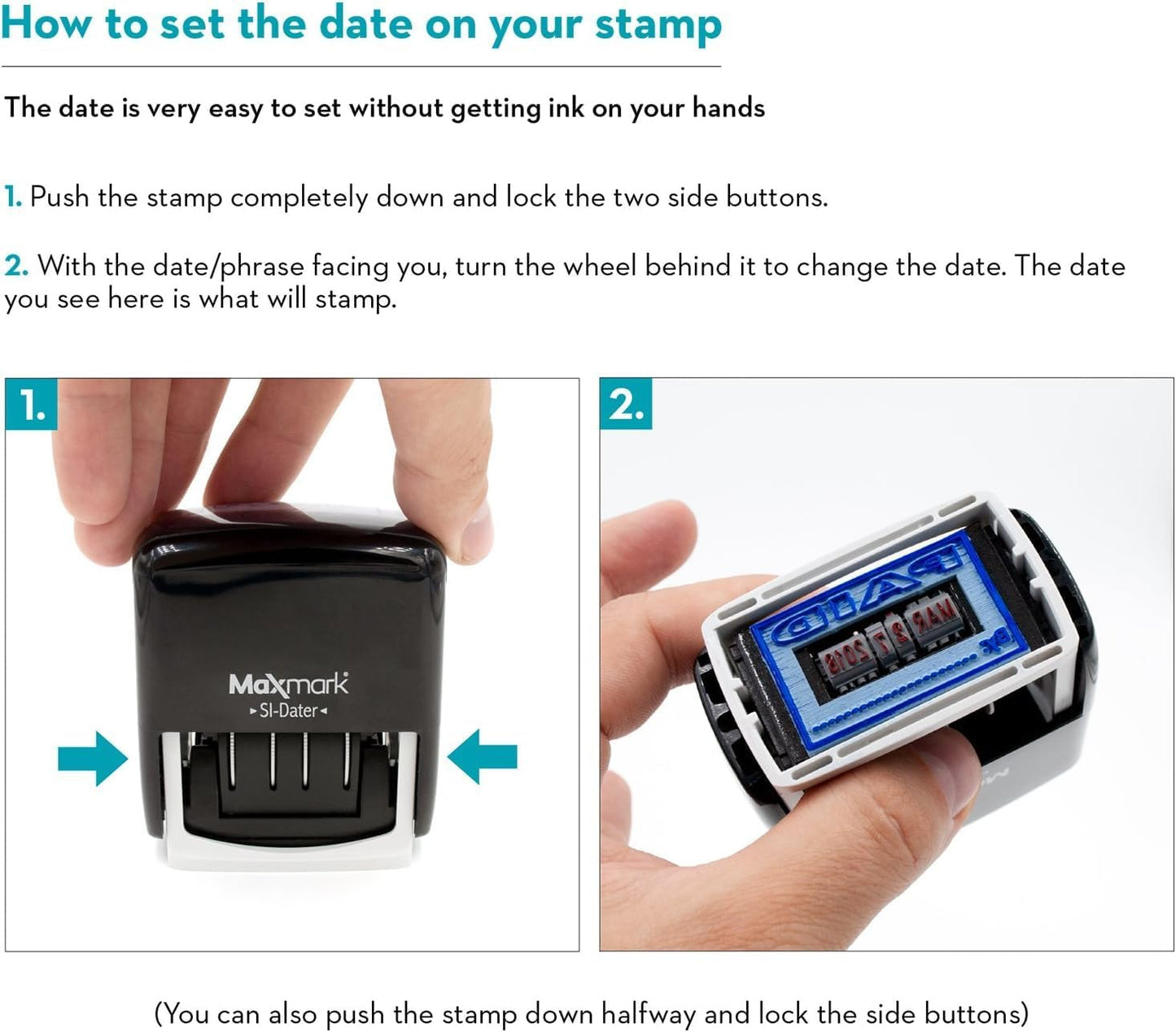 MaxMark Office Date Self Inking Stamp with 2-Line Custom Text - 1" x 1-5/8” - 2-Color Blue/Red Ink