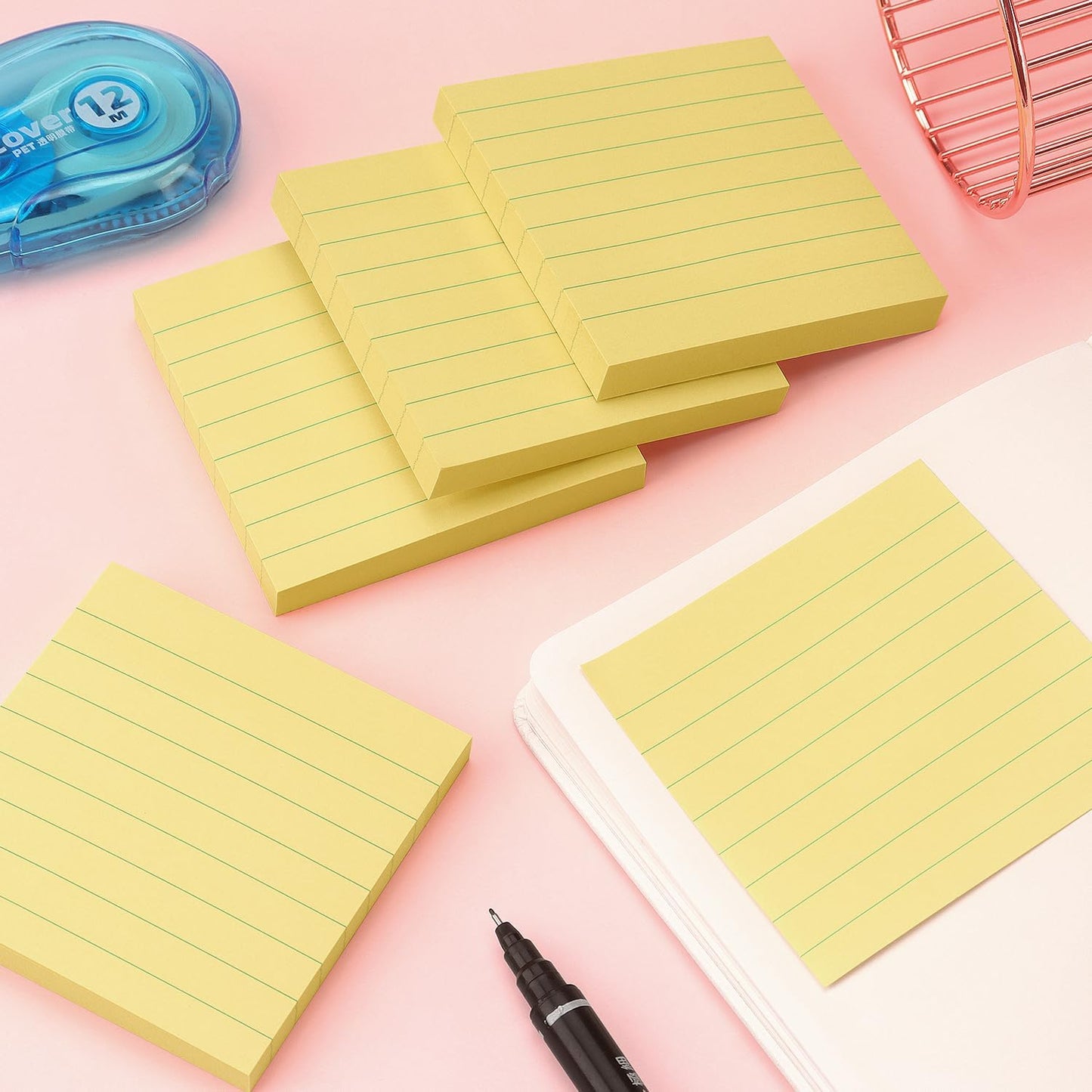Lined Sticky Notes 3x3 Sticky Notes with Lines Self-Stick Notes Bright Color 4 Pads 90 Sheets/Pad (Yellow)