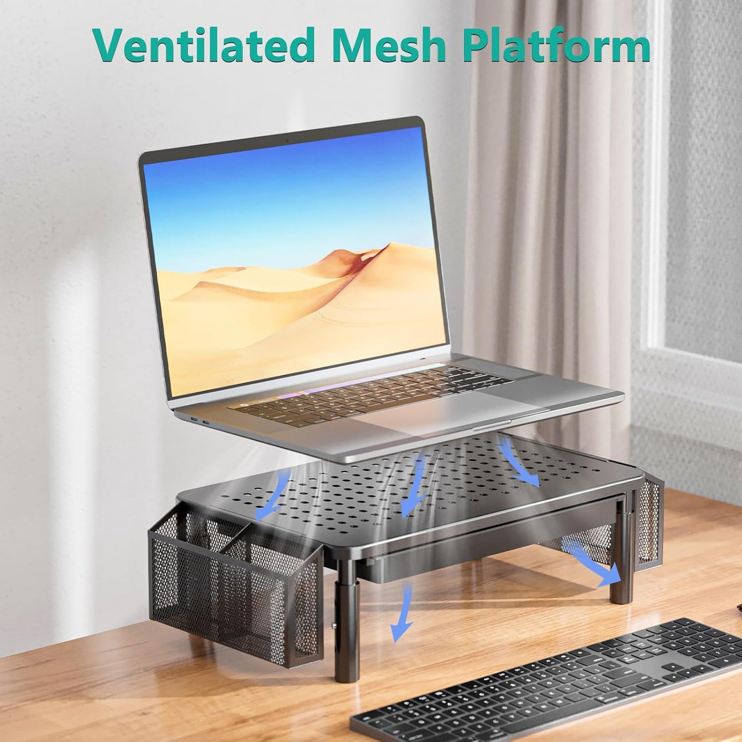 WALI Dual Monitor Stand with Storage, Desk Organizer with Drawer and Pen Holder, Desk Monitor Riser 3 Height Adjustable, Laptop Riser for Computer, Laptop, Printer (STT003DH-2B), 2 Pack, Black