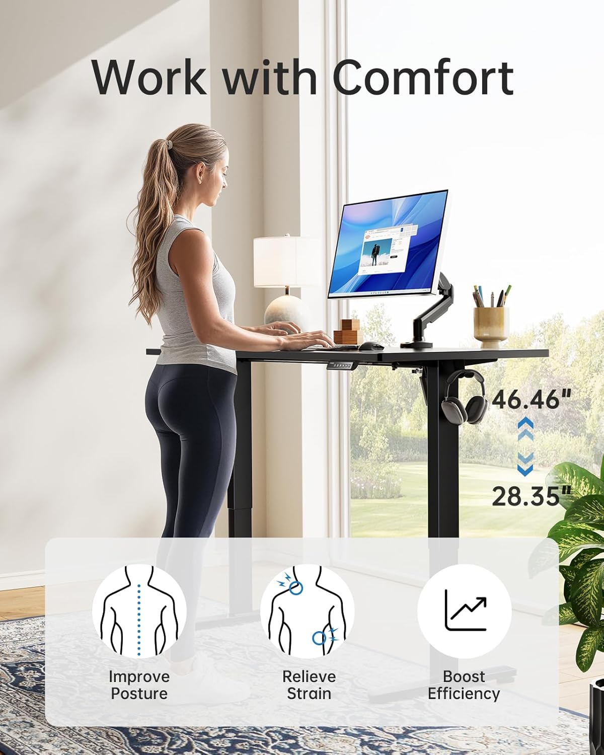 HUANUO Electric Standing Desk, 55" x 28" Whole Piece Desktop, Adjustable Height Computer Desks, 4 Height Memory Settings, Sit Stand Up Desk for Home Office, Black