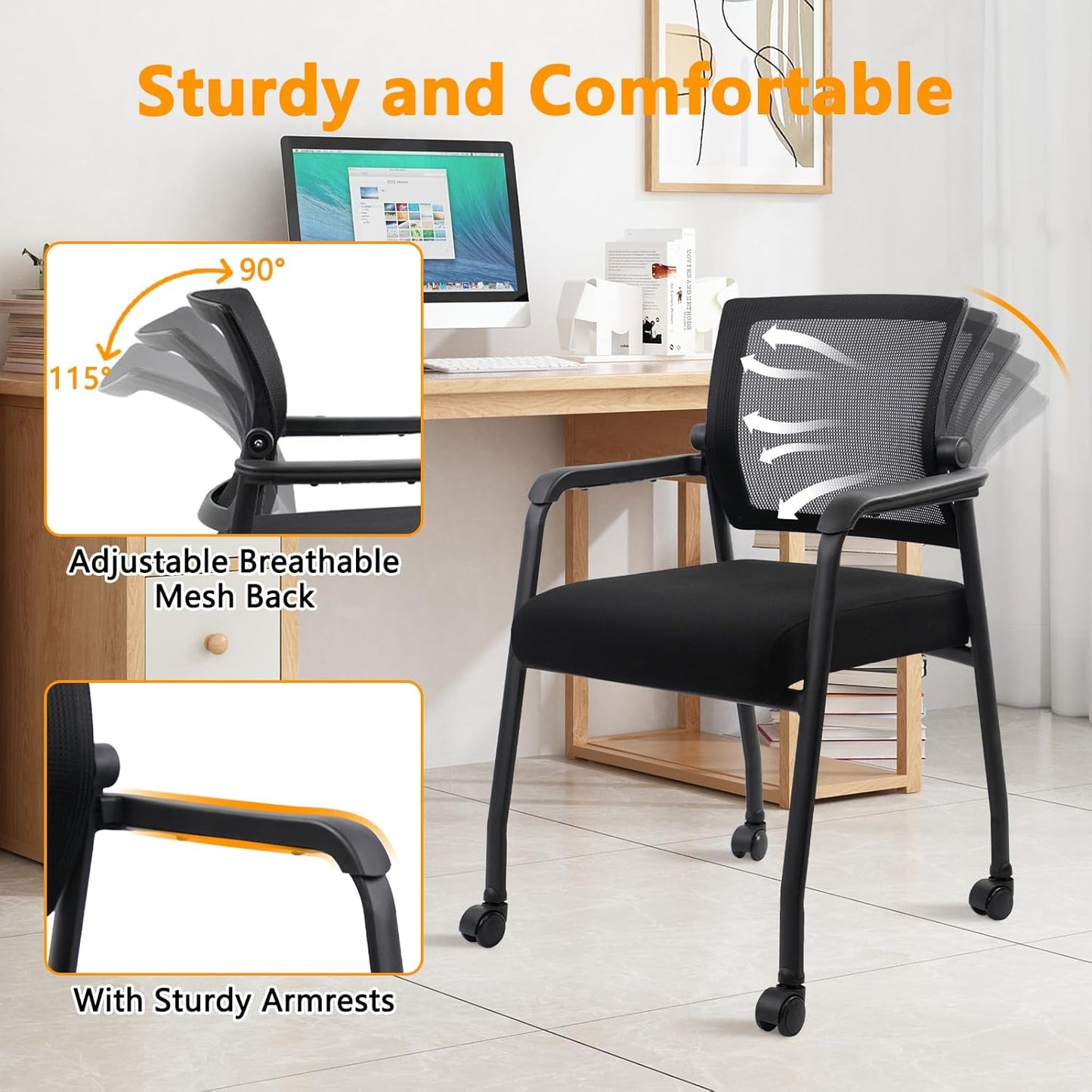 Waiting Room Chairs with Wheels, Adjustable Mesh Backrest, Desk Chair with Ergonomic Lumbar Support and Thickened Seats Cushion, 4 Pack Black