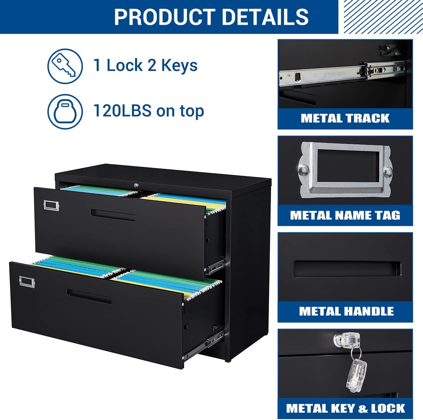 Lateral File Cabinet with Lock, 2 Drawer Large Metal Filing Cabinet,Home Office Lockable Storage Cabinet for Hanging Files Letter/Legal/F4/A4 Size-Assembly Required
