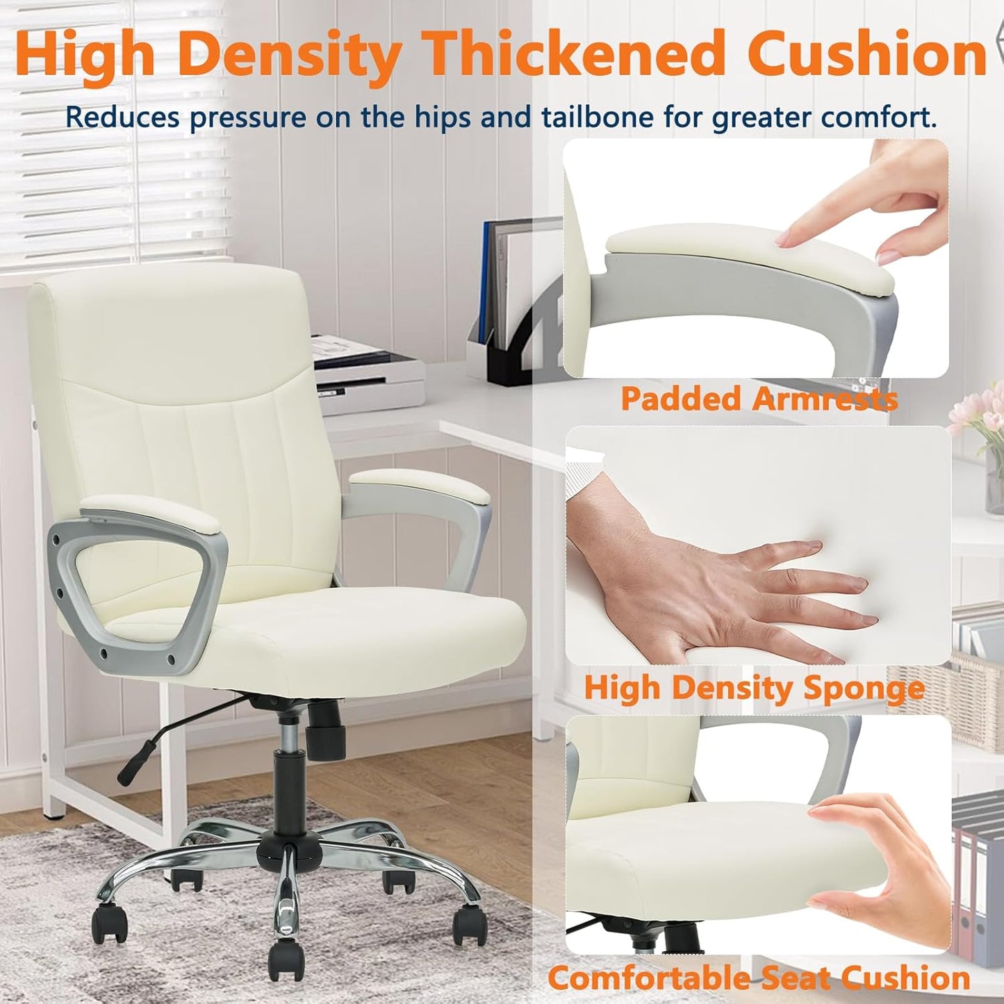 CLATINA Office Computer Desk Chair Executive Mid Back Chair Comfortable Ergonomic Managerial Chair Adjustable PU Leather Home Office Desk Chair Swivel, White 2PK