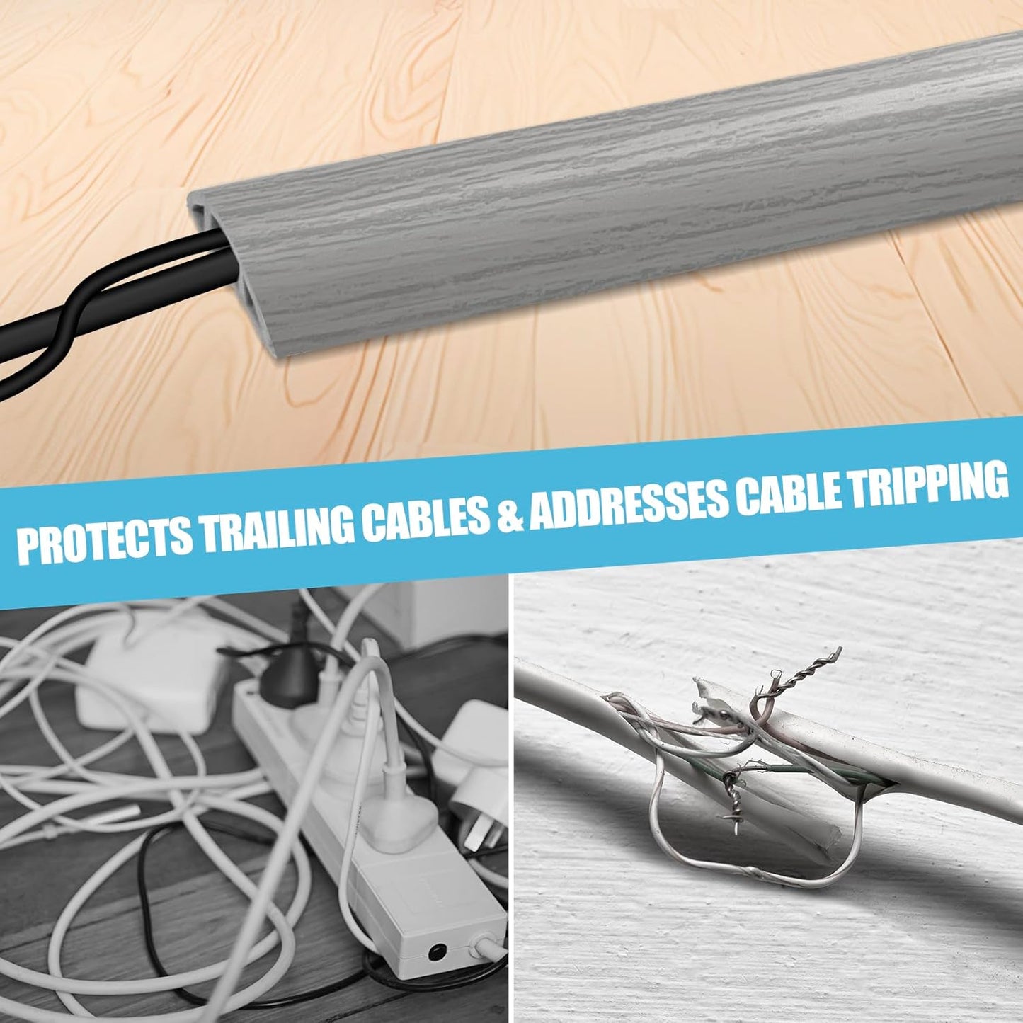 Floor Cord Cover Self Adhesive Cord Hider,10FT Cable Management, Extension Strip Protector for Wires, Prevent Cable Trips for Offices, Gyms, Exhibitions Cavity:0.3"(W) x 0.28"(H) Gray Wood