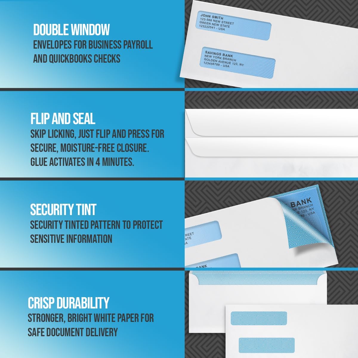 Compuchecks Double Window Envelopes #10- Flip and Seal Flap, Security Business Mailing Envelopes - Tamper Evident, Security Tint - 500 Count – For Invoices and Legal Documents