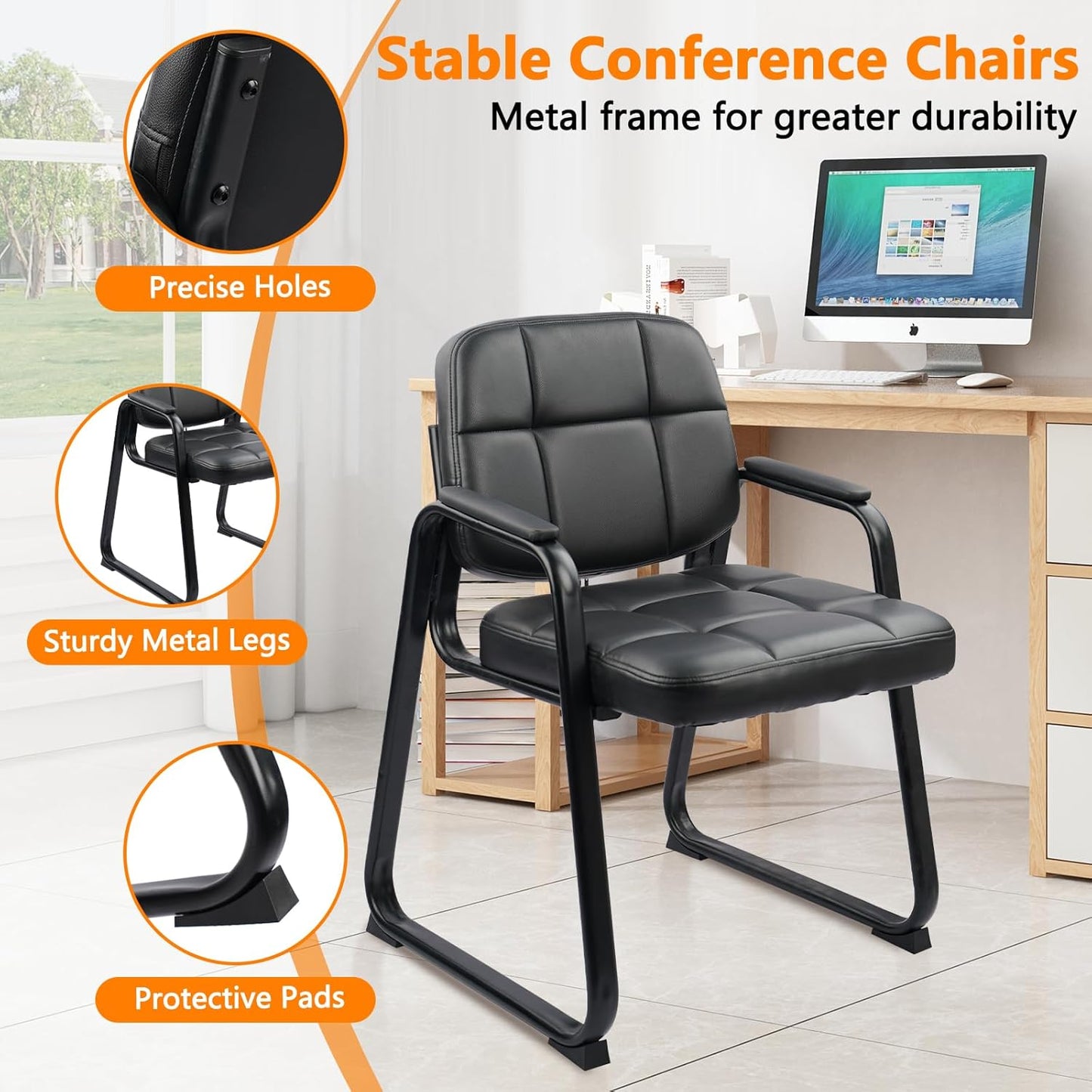 CLATINA Waiting Room Guest Chair with Bonded Leather Padded Arm Rest for Office Reception and Conference Desk Black with Sled Base 4 Pack