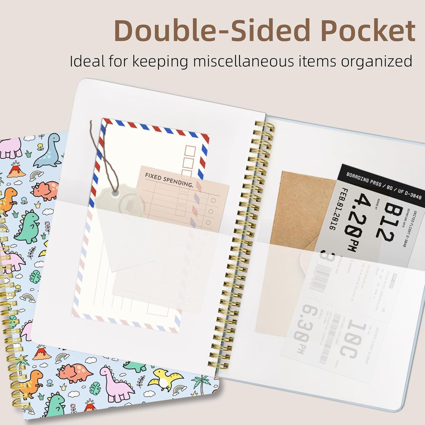 Cute Spiral Notebook journal B5 Aesthetic Pretty Design for Women Girls Kawaii with Pocket, 10 x 7.2 inch, Lined, Little Dino