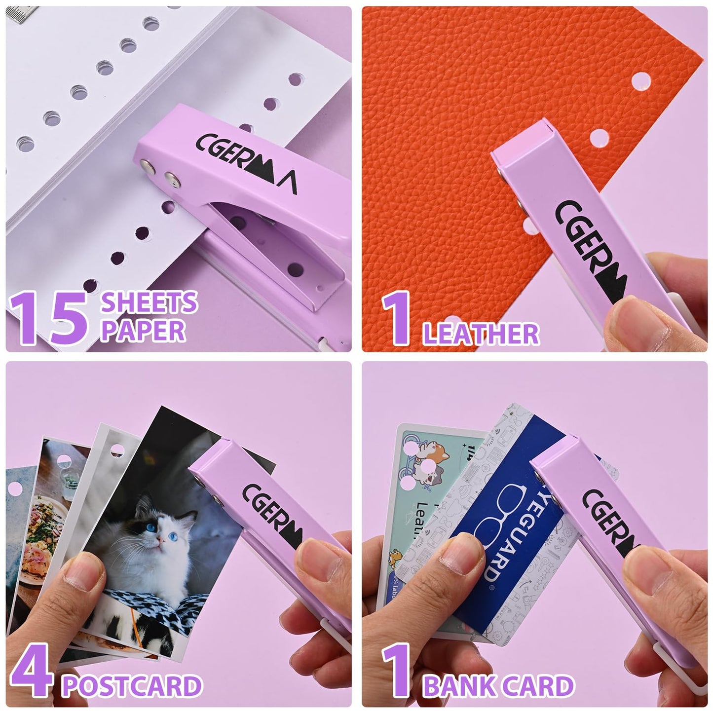 Single Hole Puncher, 1/4" Hole, 50% Labor Savings, Heavy Duty Metal Punch, 15 Sheet Capacity, for ID Cards, Chipboard, Art Project, Crafts Easy Punching, Purple