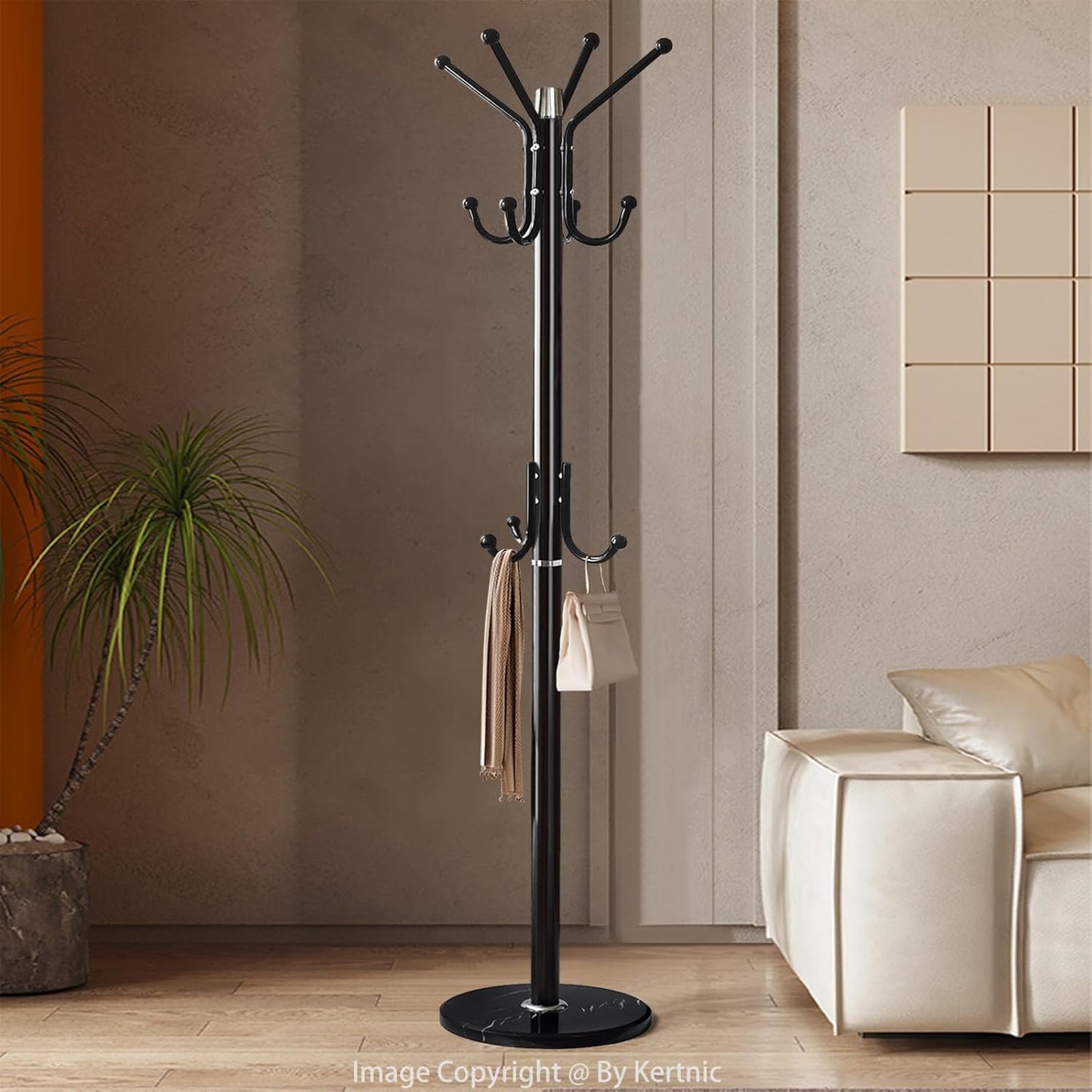 Kertnic Modern Coat Rack Freestanding with Natural Marble Base & Sturdy Metal Frame, 11 Hooks Hall Tree for Jackets, Hats, Bags, Entryway Organizer for Bedroom, Living Room, Closet (11 hooks-Black)