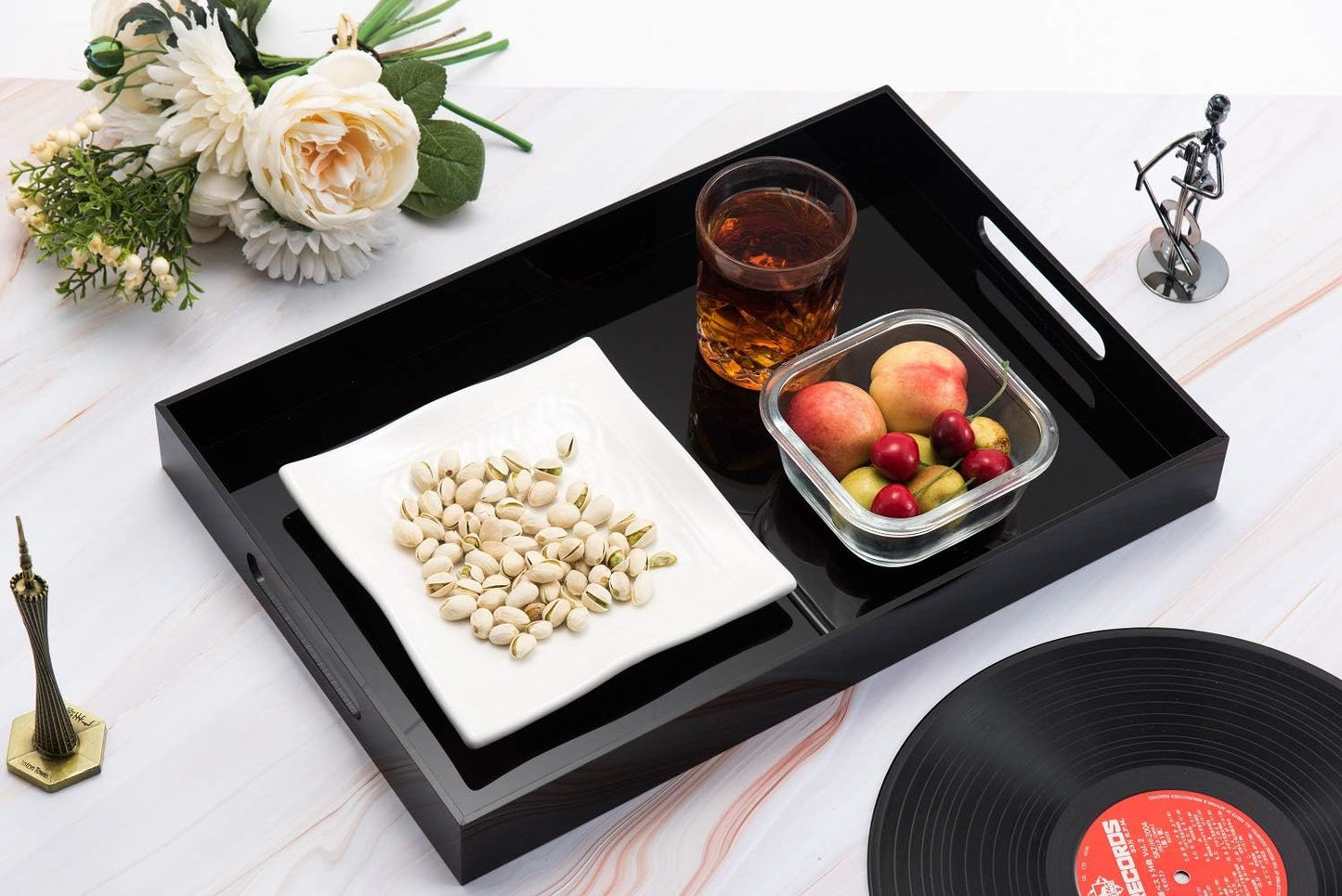 Glossy Black Sturdy Acrylic Serving Tray with Handles-12x16Inch-Serving Coffee,Appetizer,Breakfast,Butler-Kitchen Countertop Tray-Makeup Drawer Organizer-Vanity Table,Ottoman Trays-DecorativeTray