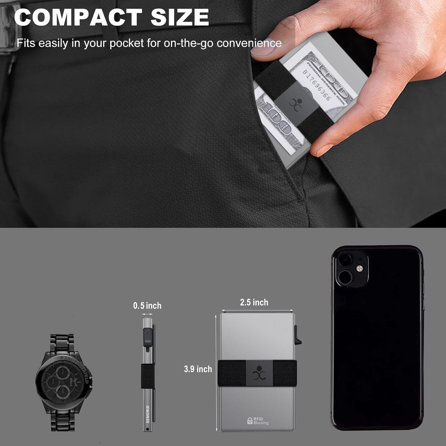 Slim Aluminum Card Holder Wallet for Men, Durable Expandable Backplate, RFID Blocking Minimalist Metal Pop Up Wallet, Holds 12 Cards Plus Cash (Grey)