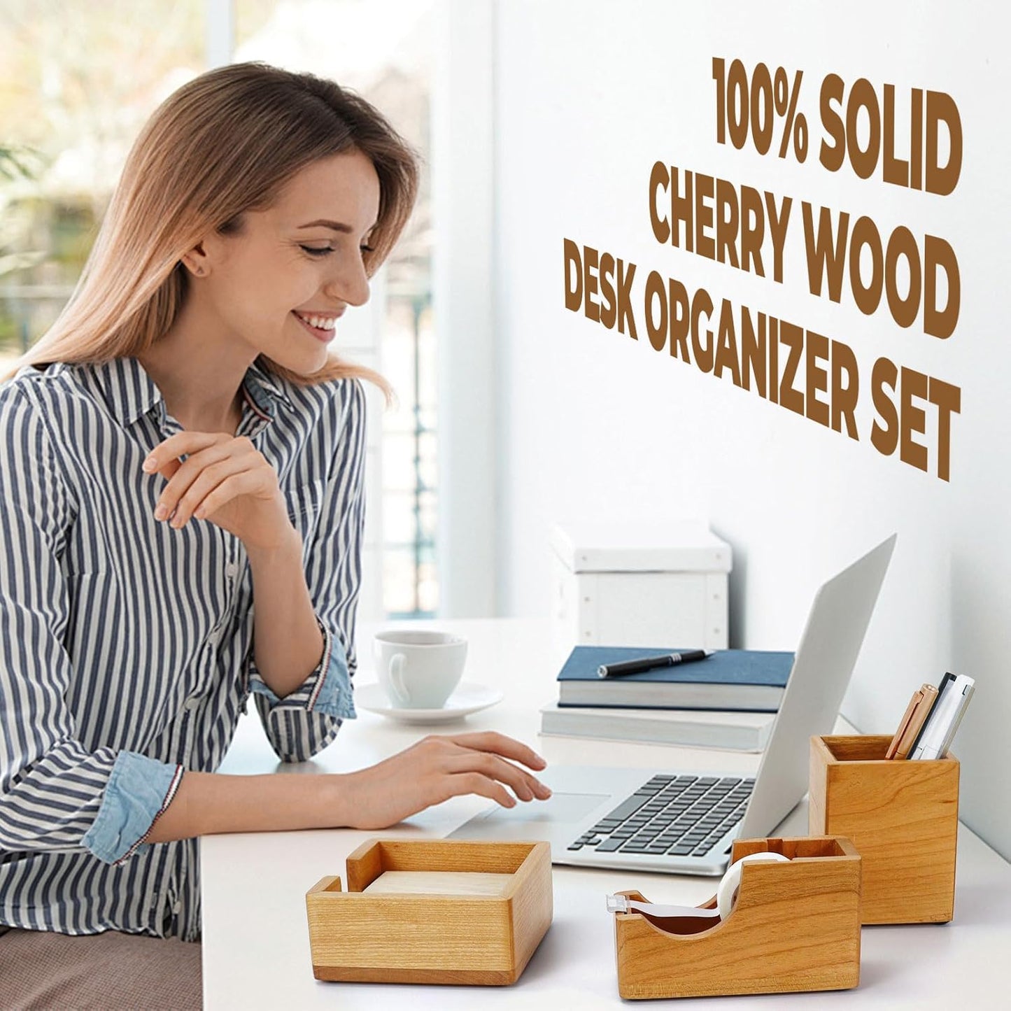 Buqoo Cherry Wood Desk Organizer Set, Tape Dispenser, Sticky Note Holder, Pen Cup - Compact Office Storage for School Home Office Decor