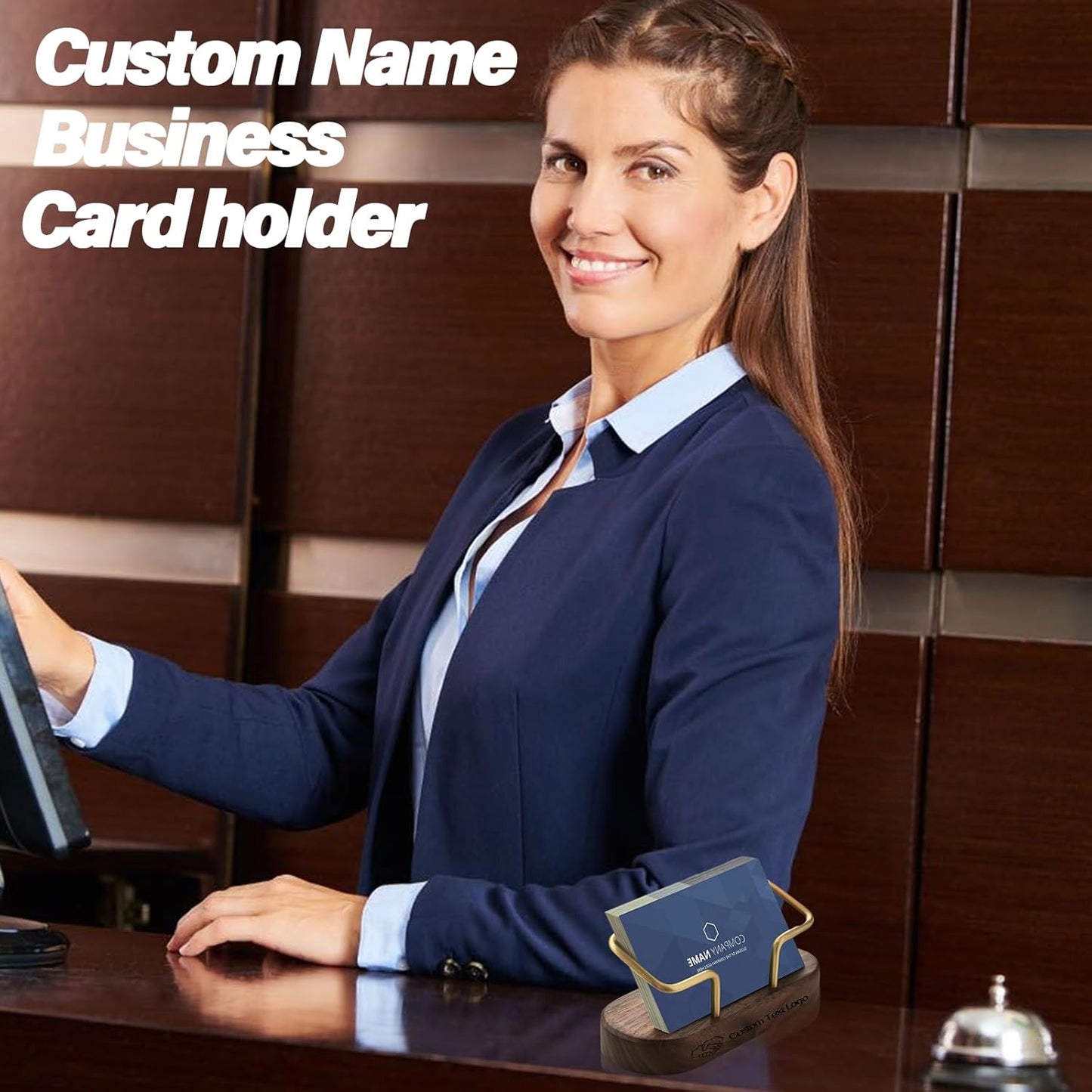 Custom Business Card Holder Desk-Personalized Engraved Wooden Business Card Case Holder, Customized Name Logo Business Card Display Gifts for Men Women (Style2-Black)