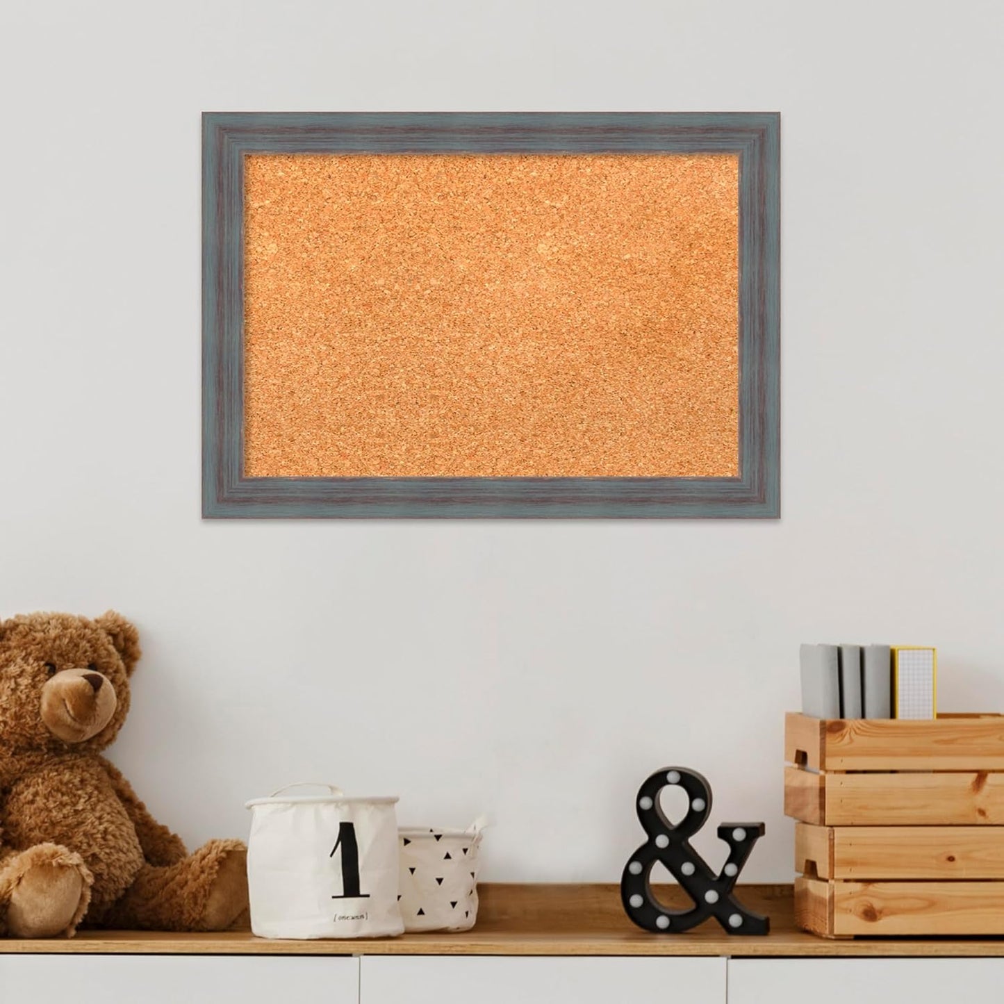 Amanti Art Natural Cork Board for Wall, 14x20 Vision Board with Blue Wood Frame, Small Corkboard Office Decor for Home Organization, Country Rustic Corkboard Pinboard to Display Items for Home