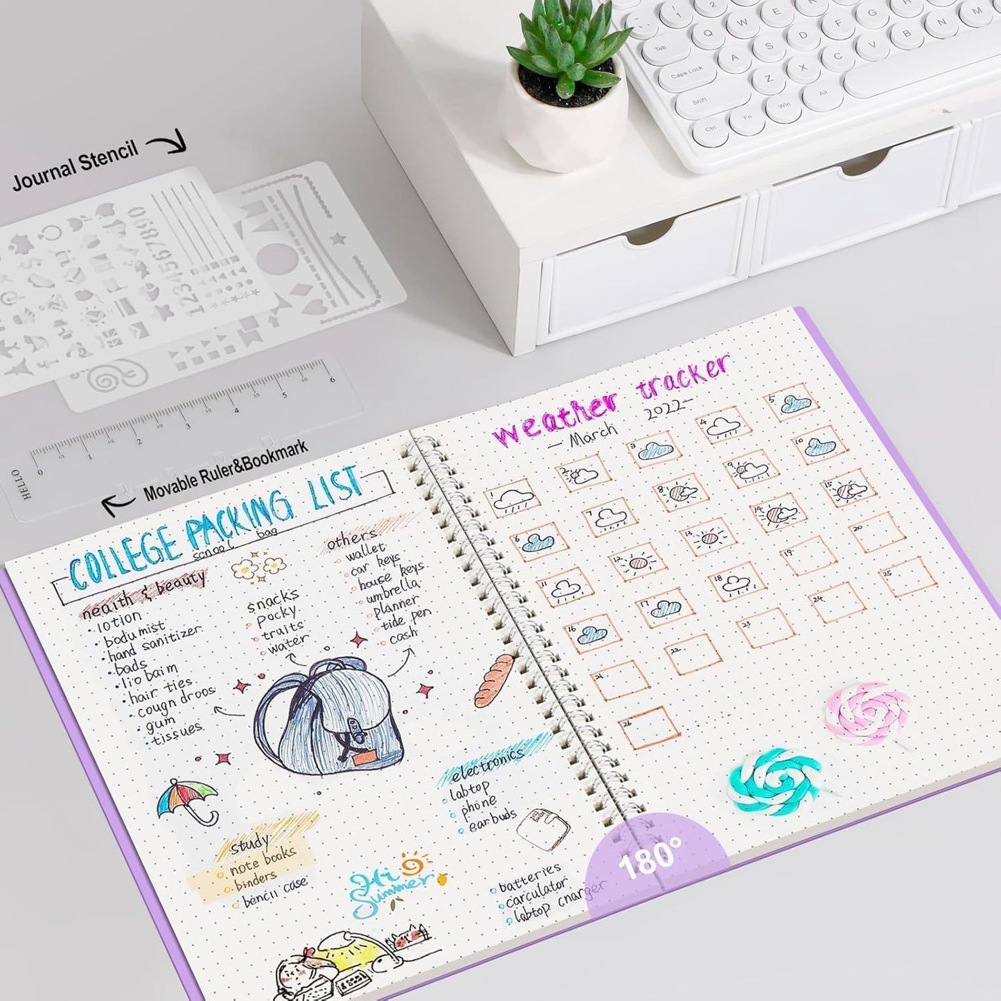 AHGXG Bullet Dotted Journal - Dot Grid Spiral Notebook B5, 140 Pages, 100 GSM Thick Paper, Waterproof Plastic Cover Journals for Bullet Journaling, Sketching, 7.6" x 10", Purple