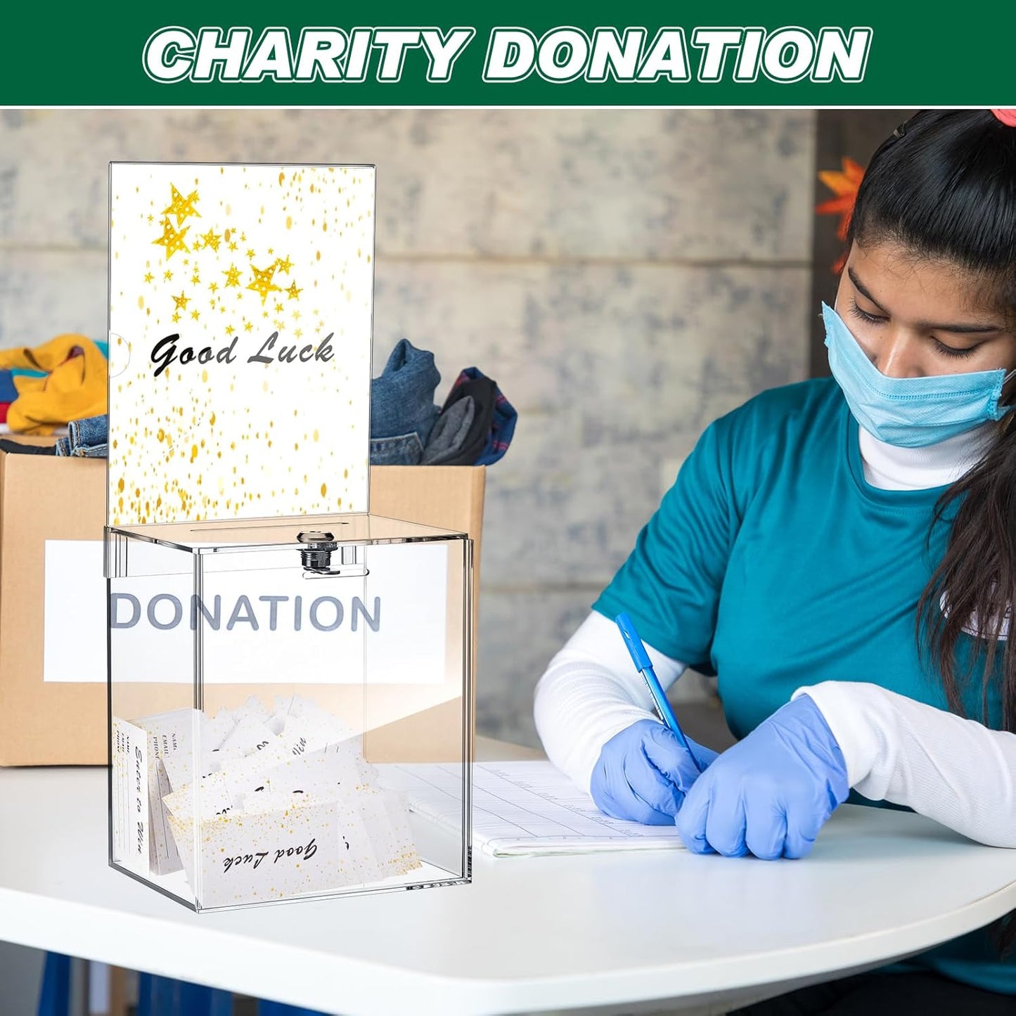 Teling 2 Pcs Tall Acrylic Donation Box with Lock and Sign Plate 6.7 x 5 x 8 Inches Safe Suggestion Box and 200 Pcs Raffle Tickets Cards for Voting, Charity, Collection Supplies(Clear)