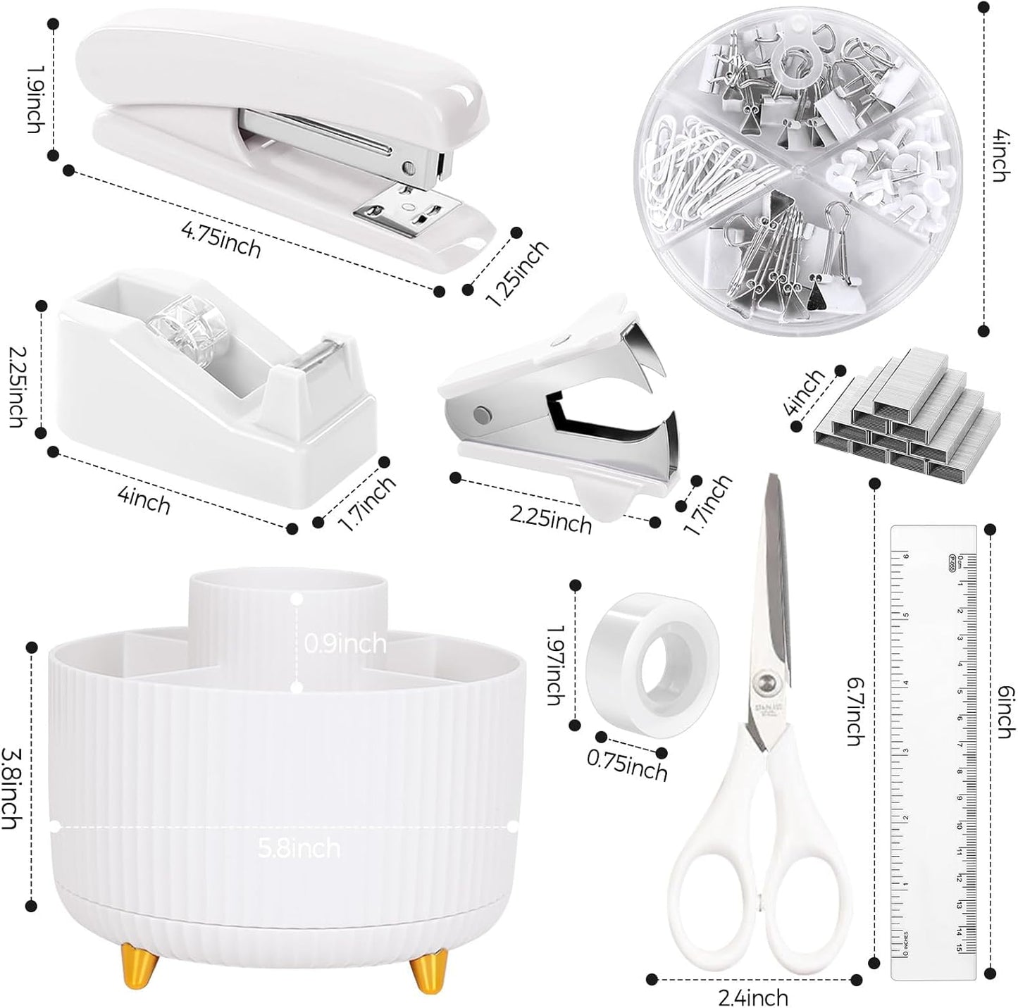SKYDUE White Office Supplies Set, Office Desk Accessories 10PCS, Pencil Holder for Desk, Stapler, Tape Dispenser, Scissors, Ruler, Binder/Paper Clips and 1000pcs Staples,Desk Supplies Set