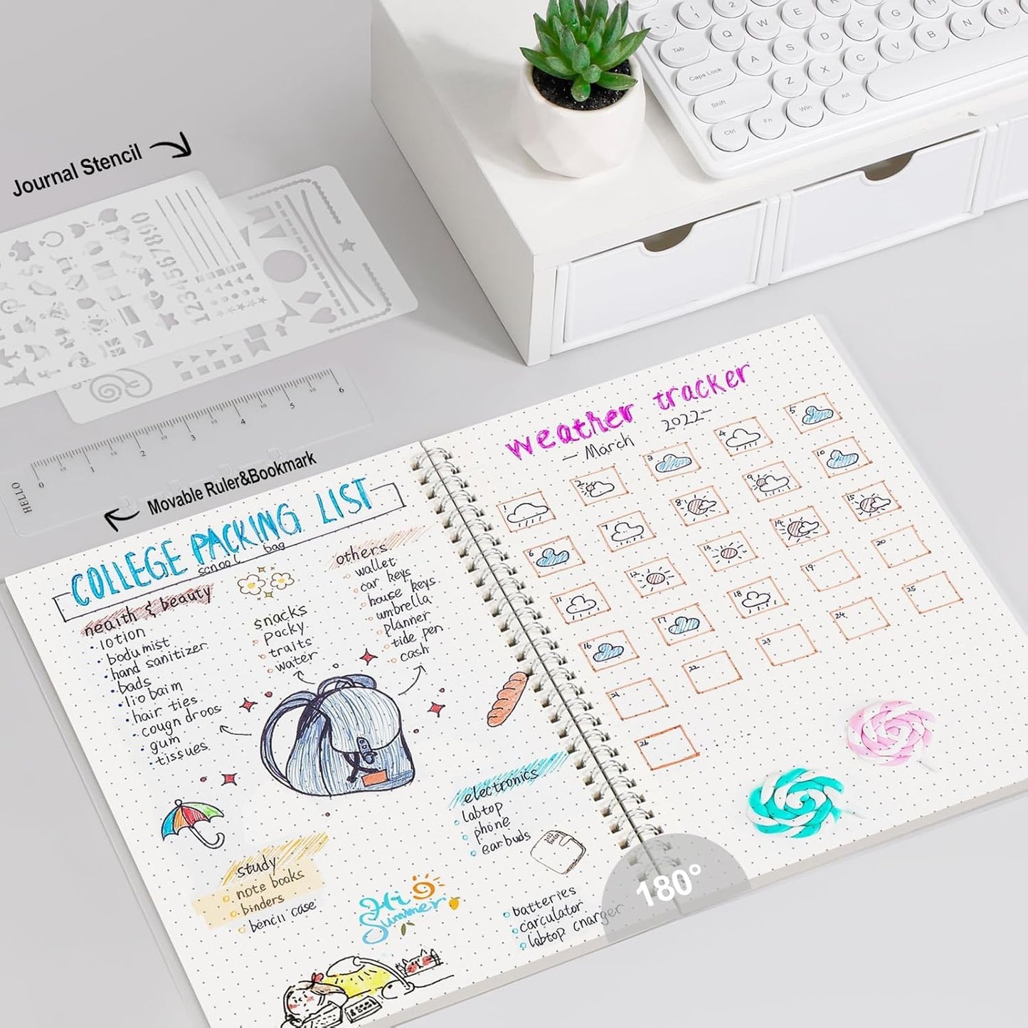 AHGXG Bullet Dotted Journal - Dot Grid Spiral Notebook B5, 140 Pages, 100 GSM Thick Paper, Waterproof Plastic Cover Journals for Bullet Journaling, Sketching, 7.6" x 10", Transparent