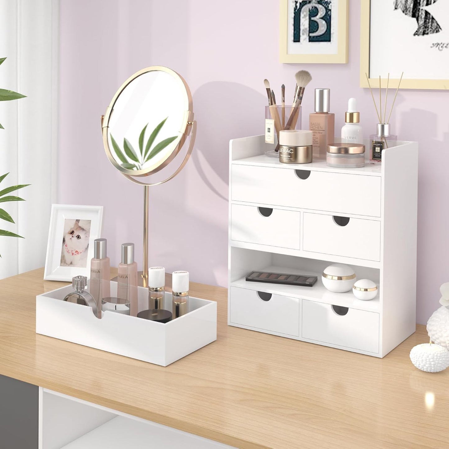 Bamboo Desk Organizer with Drawers Desktop Storage Drawers for Bills Office Supplies Kitchen Utensils Organizing Tool for Home Classroom Organization No Assembly (White)